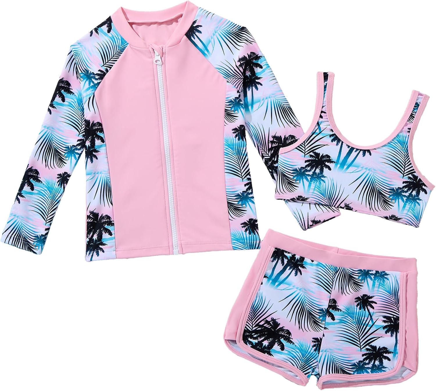 Girls Rash Guard Swimsuit Long Sleeve Zip Up Bikini Top Cute Shorts 3 Piece Bathing Suit (4-12Y)
