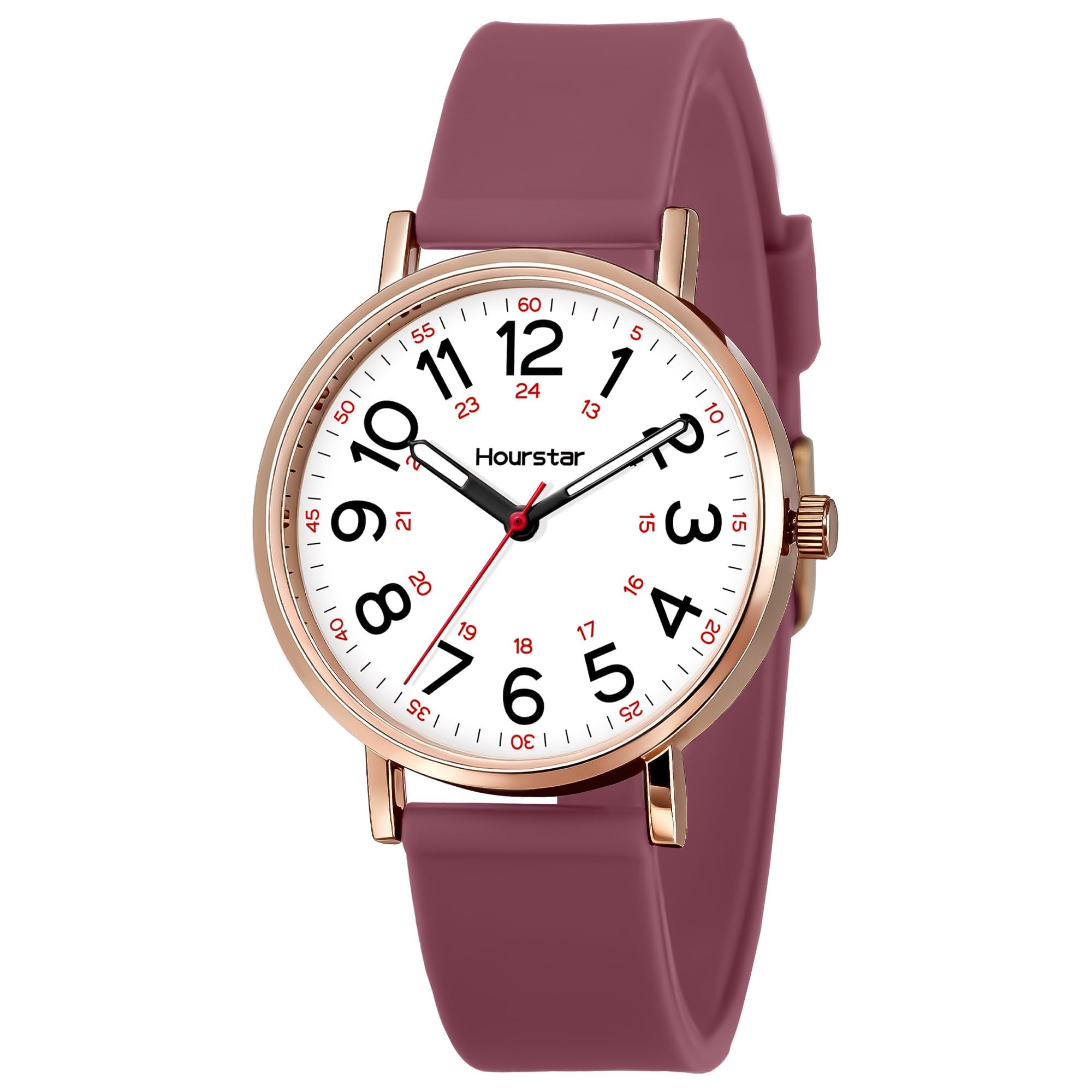 Reloj analógico de enfermera para mujer con segunda mano para enfermería, 12/24 veces, correa de silicona, fácil lectura (morado)