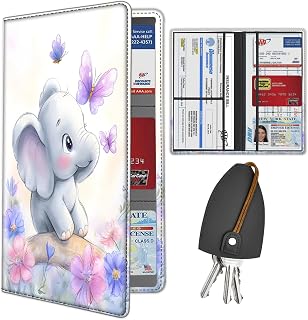 Car Registration and Insurance Holder, Auto Truck Comparment Accessories Case with Magnetic Closure for Driver License,Document,Cards, PU Leather Glove Box Organizer, Cute Baby Elephant + Butterfly