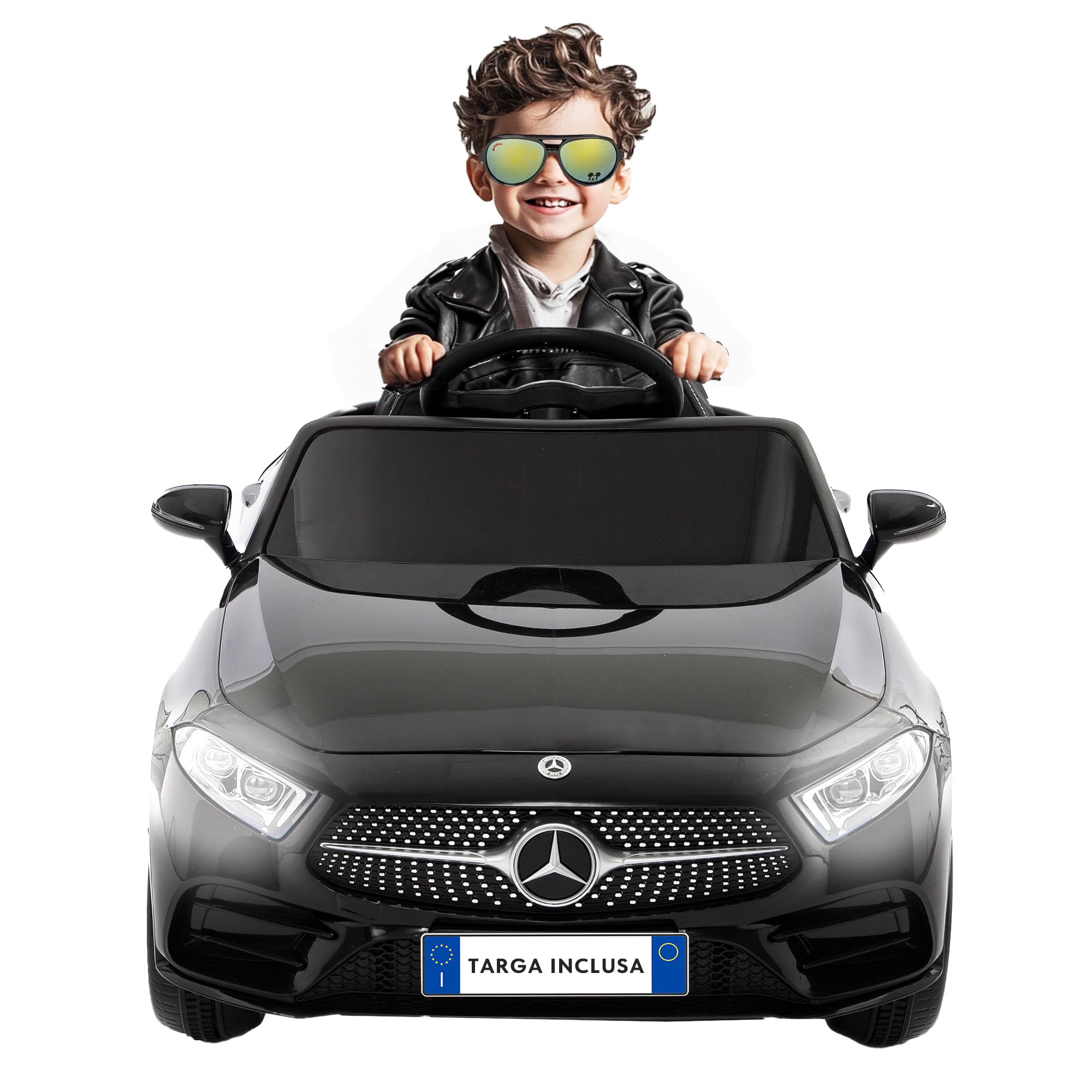 BabyCar Mercedes CLS 350 AMG | Macchina elettrica per bambini 12V 2x25W | Auto elettrica per bambini telecomandata, sedile pelle, porte apribili, MP3/USB | Licenza ufficiale | Nera | Occhiali-Targa