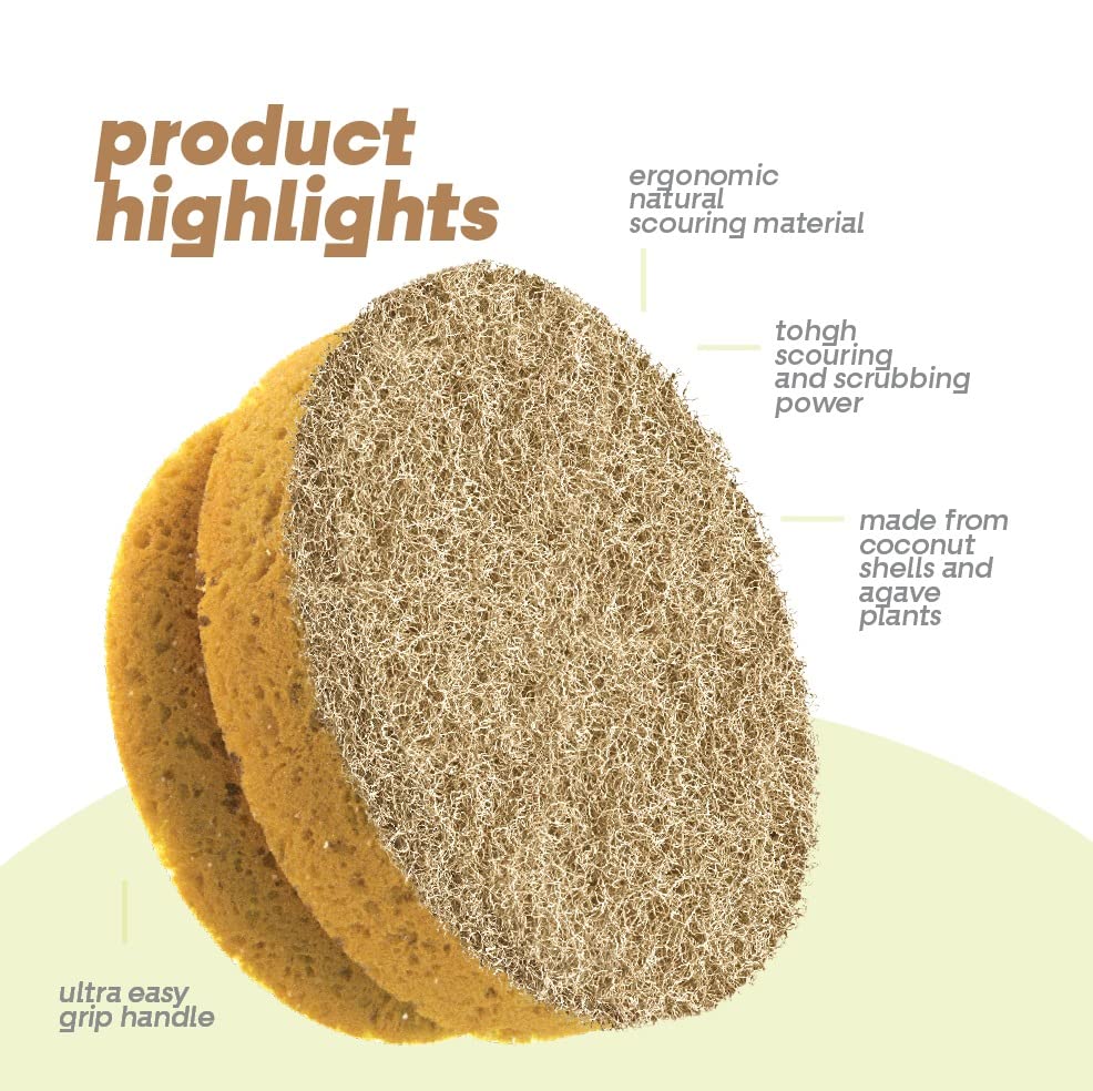 SCRUBIT Natural Scouring Pads, Eco Friendly Scrubbing Sponges for Kitchen Cleaning and Dishes, Non-Scratch Dish Scrubber with Easy-Grip Sponge Handle - Biodegradable - 2 Pack