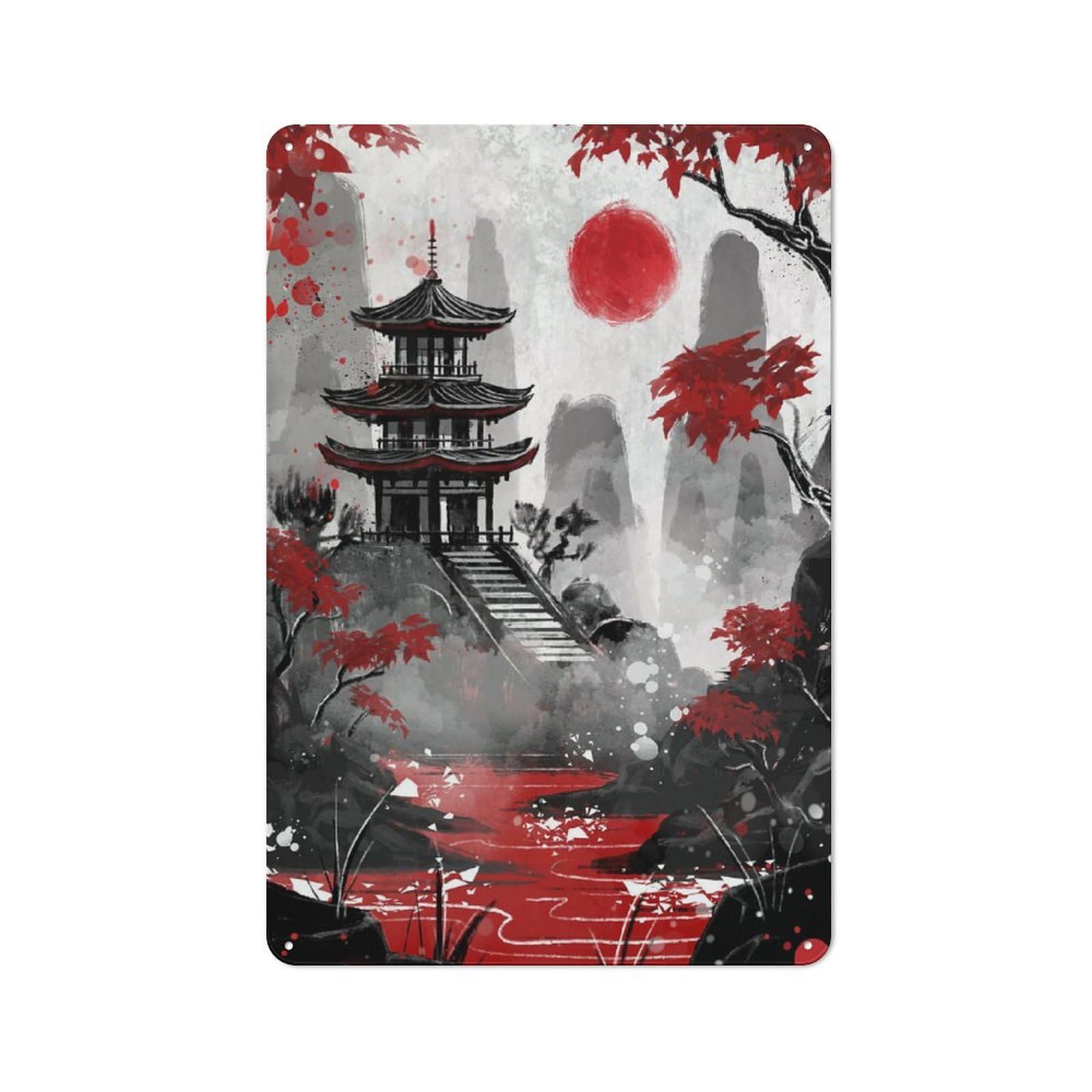 Junmoney Style-9 Metal Wall Sign 30X20cm Featuring Japanese Pagoda With Red Sun For Pub Or Café, Housewarming Wall Decor For People Furnishing Pub And Café