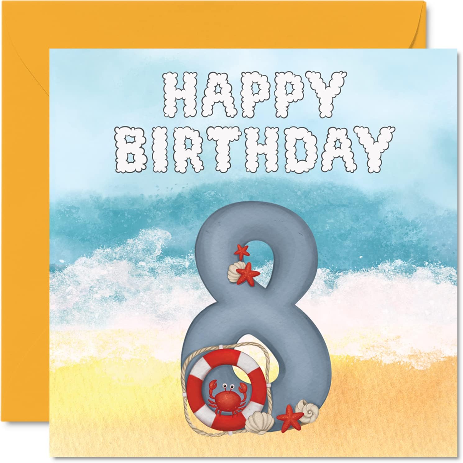 Geburtstagskarte zum 8. Geburtstag, Unisex, Strand am Meer – Karte für
