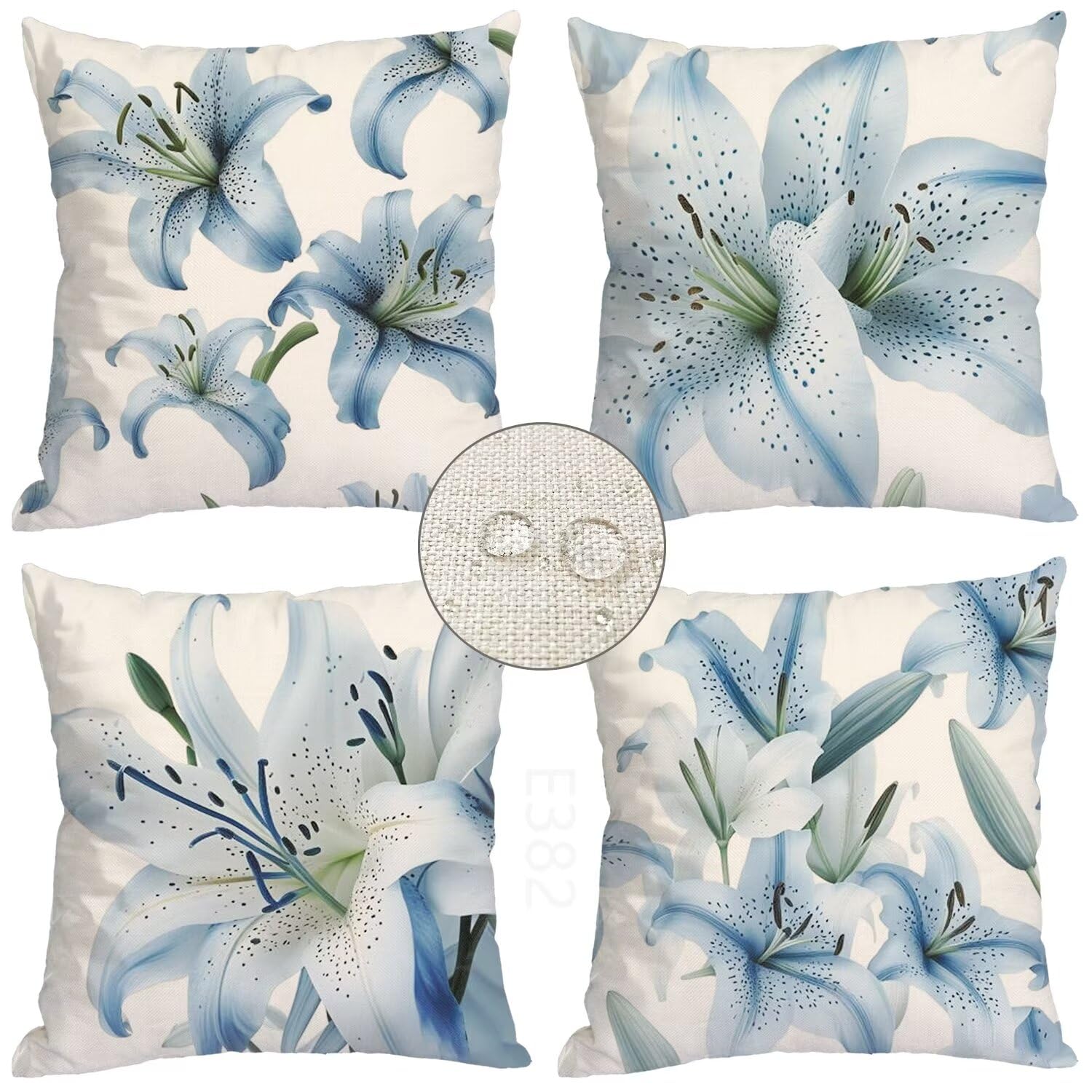 Funda de Cojine 70x70cm Juego de 4 Azul claro Cojines para Cofa, Cuadrado Doble Cara Lino Cojines Exterior Impermeable, para Jardín Coche Decoracion Hogar Lirio Fundas Cojines Grandes, Regalo LY-382