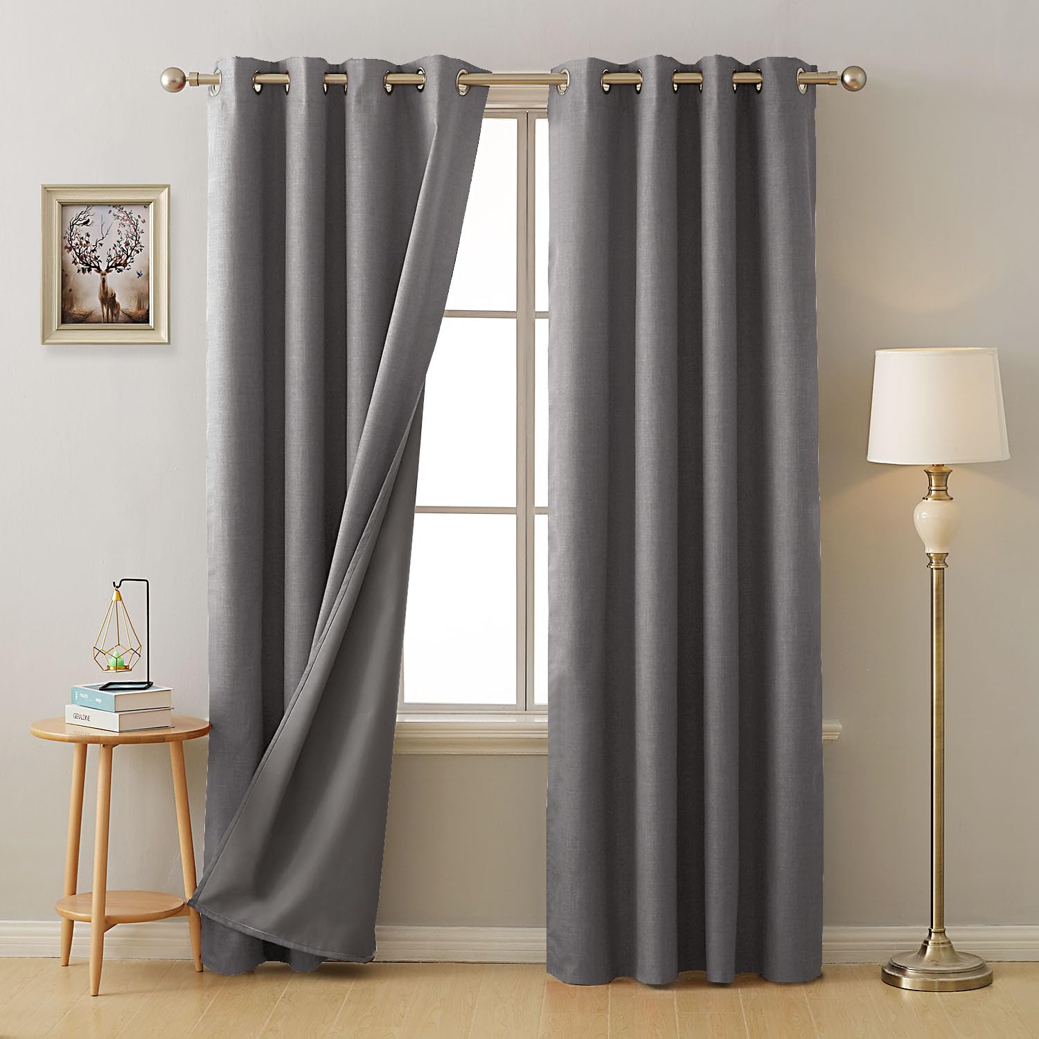 Deconovo 100% Blackout Curtains 90 Inch Drop Faux Linen Thermal Insulated Eyelet Curtains for Living Room Bedroom with Coating Linen Grey W46 x L90 One Pair