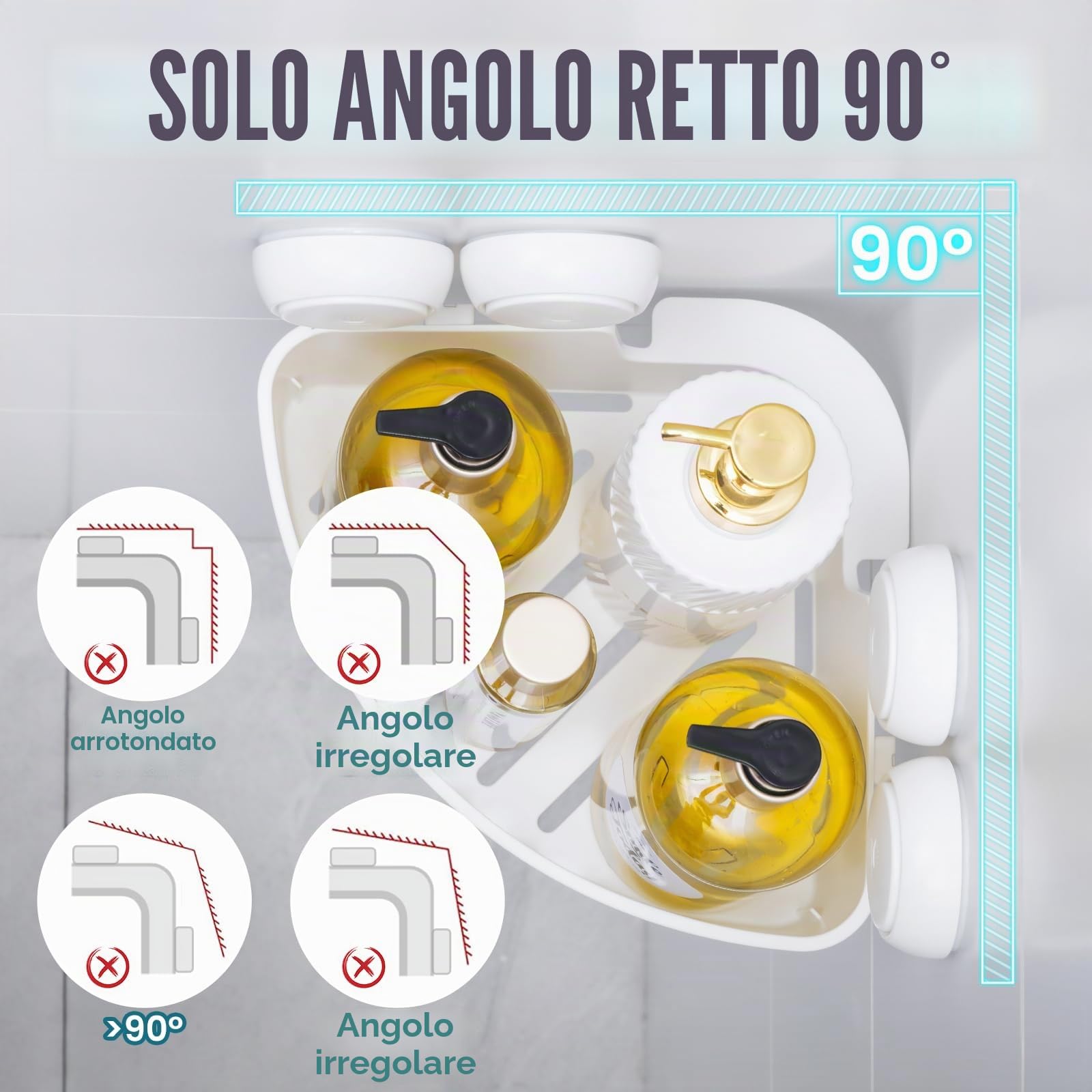TAILI Mensola angolare per doccia con ventosa, senza foratura, cestello angolare per doccia ad aspirazione, resistente, 10 kg, per bagno e cucina, angolo colore Bianco