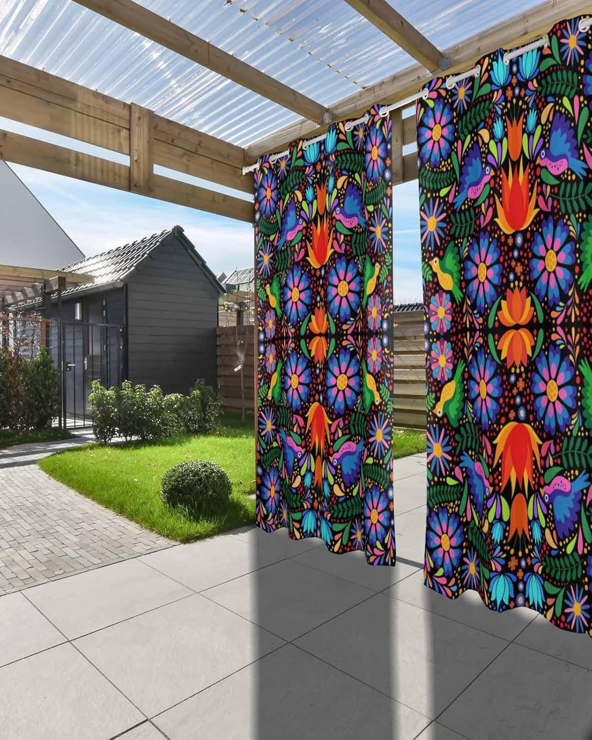 Outdoor Curtain for Patio Waterproof, Colorful Mexico Style Abstract Flower Floral Leaves Bird Windows Curtains Panels Outside Drapes for Living Room/Pergola/Garden/Balcony 52" W x 108" L