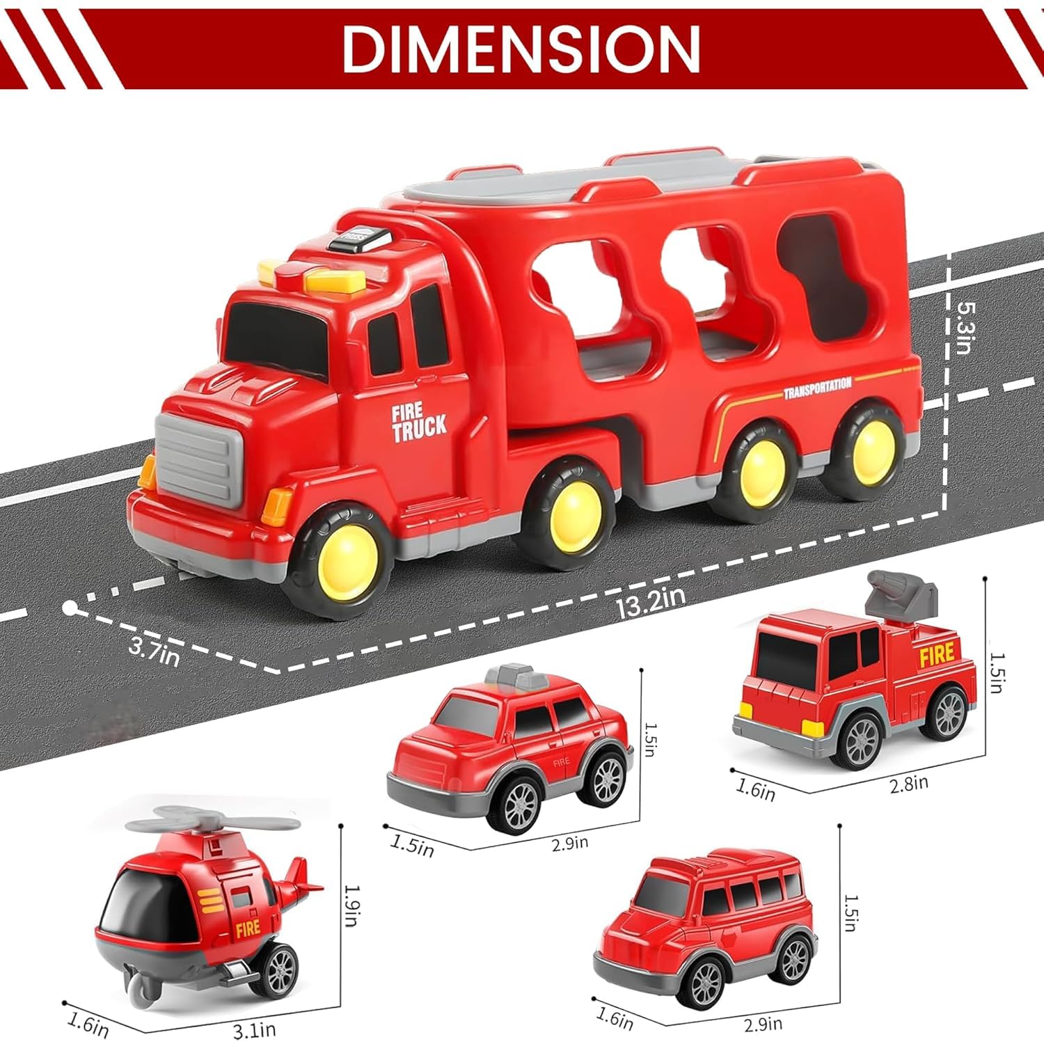 Kidology 5-in-1 Friction-Powered Fire Truck Toy Set with Music β Montessori Educational Transport Carrier Vehicle Toy for Boys & Girls, Fun Birthday Gift for Kids Ages 3+
