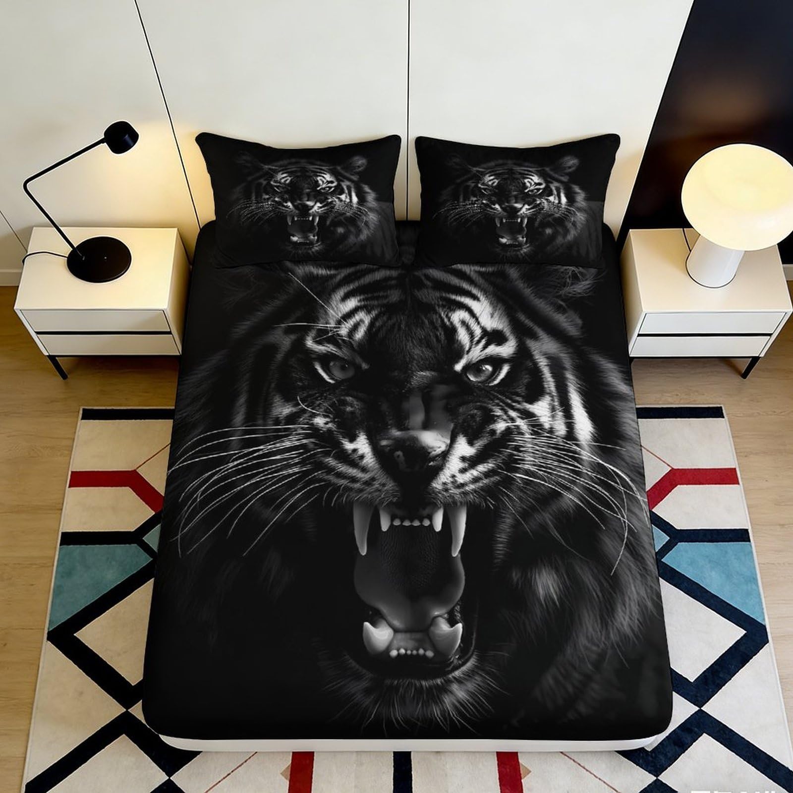 Pnayamiorkfel Style-6 3D Printed Roaring Tiger Fitted Sheet Microfiber Black Animal Pattern Mattress Cover Bedroom Decor Washable 90X200x25cm