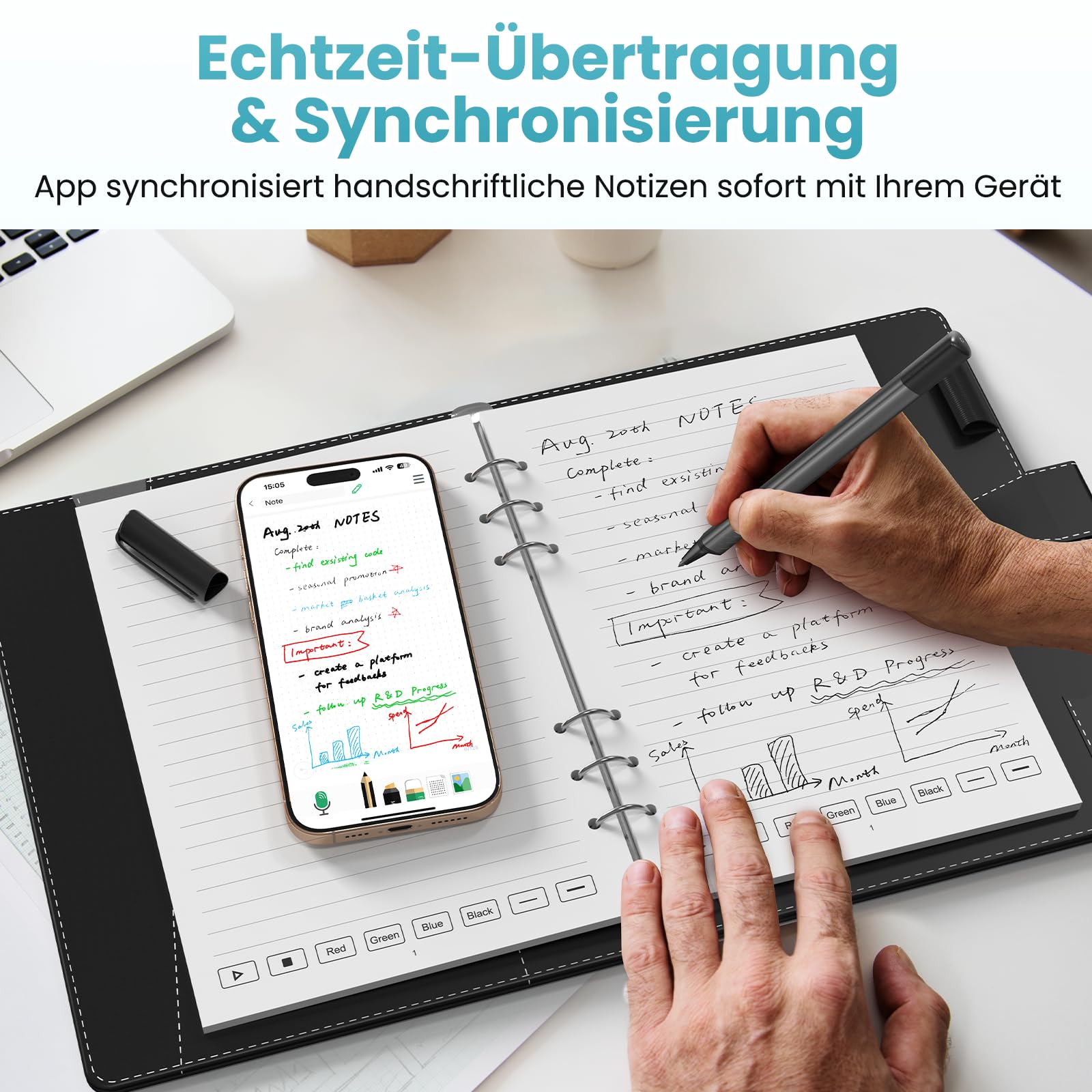 KI Smart Writing Set, Erkennt 73 Sprachen, Audio zu Text, Chat mit Notizen | Intelligenter Stift für Büro, mit Wiederverwendbares Notizbuch und LCD Schreibpad,für Büro, Meeting & Geschäftsleute, Schwarz