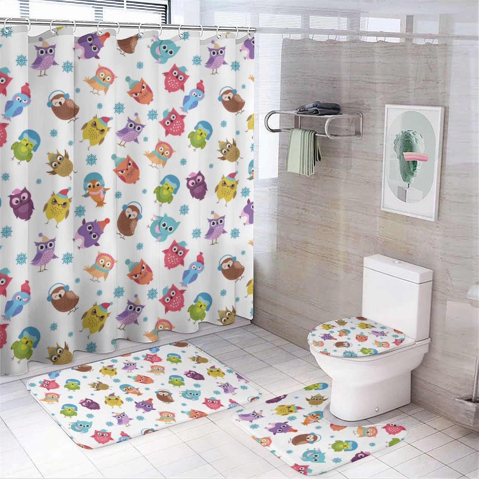 JZemdybill Bathroom Mat Set 4 Piece, Owl Animal Pattern Shower Curtain with Non-Slip Bath Mats for Bathroom