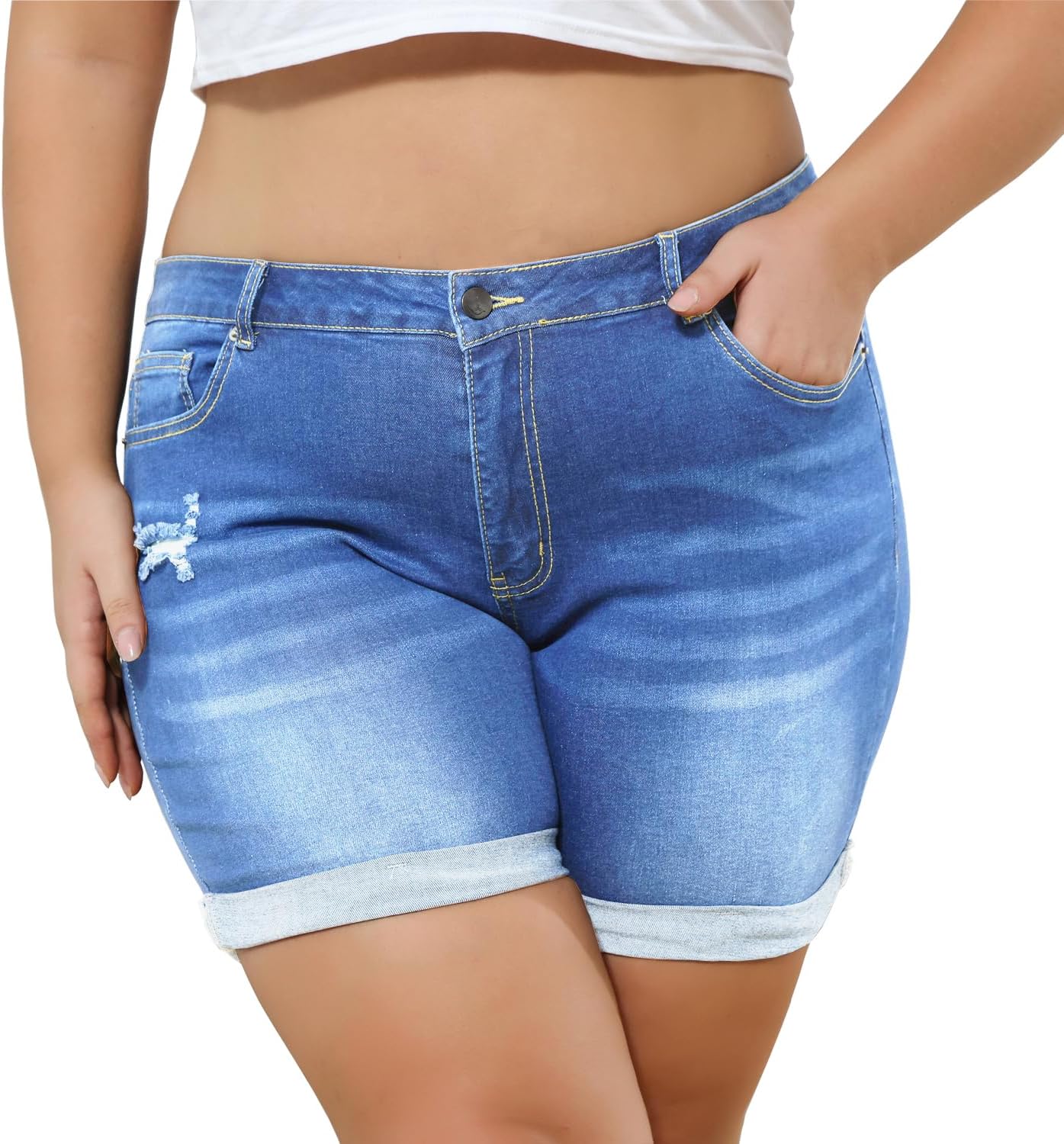 Sghenr Plus Size Women's Ripped Denim Jean Shorts High Waisted Stretchy Folded Hem Short Jeans - Image 3