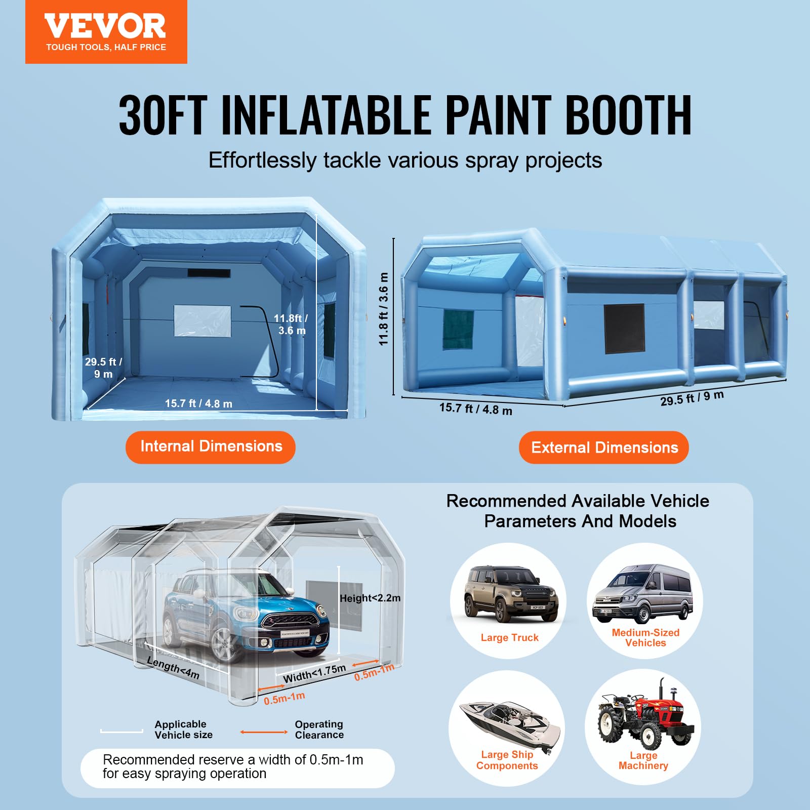 VEVOR Cabina de Pintura Inflable de 9 x 4,8 x 3,6 m con Potentes Sopladores de 950 W+750 W y Sistema de Filtro de Aire, Cabina de Pintura Portátil para Camiones, Furgonetas y Maquinaria Grandes