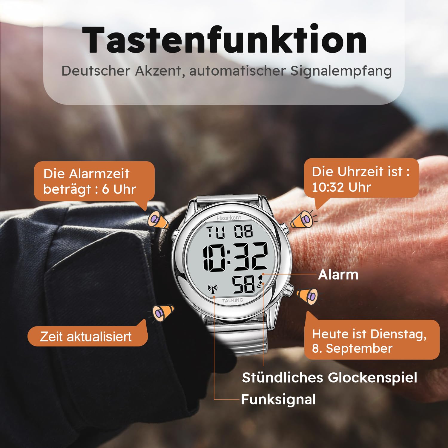 Hearkent Herren Sprechende Uhr Deutsch Ankündigung,Senioren Armbanduhr-2117 | Sehbehinderte Uhren Blindenuhr,Große Digitale Funkuhr,Durchdachte Geschenke