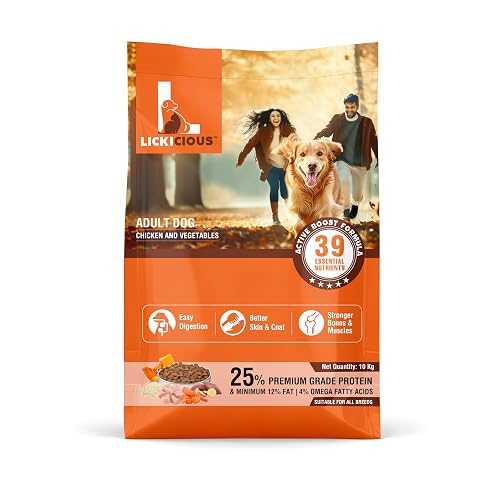 LICKICIOUS Dry Dog Food Adult 10kg | High Protein Chicken, Rice, Vegetables | 39 Essential Nutrients| Healthy Skin Shiny Coat, Strong Bones & Muscles| Complete Balanced Pure Pet Food for Pedigree Dog