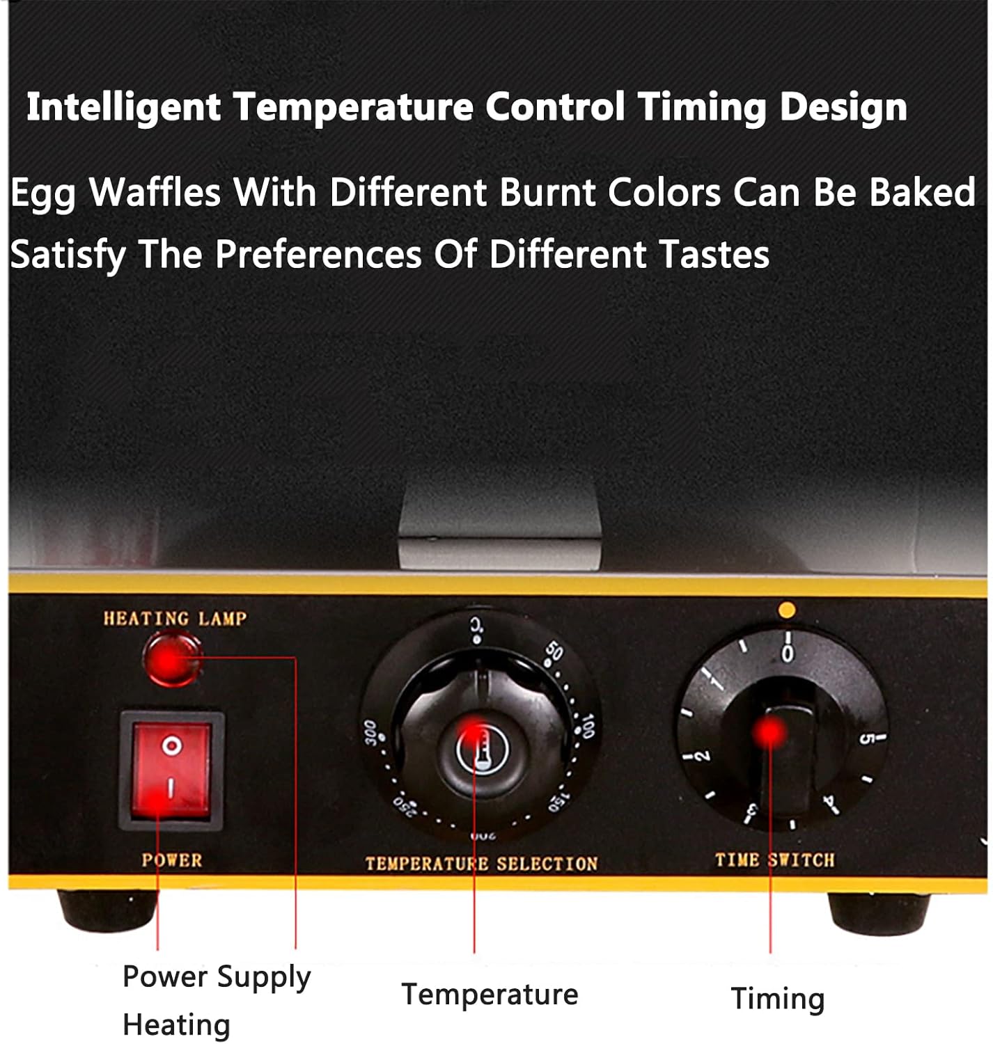 ステンレススチール製電気ワッフルマシン、8インチパイプレート付き、50〜250℃の温度調節と0〜5分のタイミング、ノンスティック、1