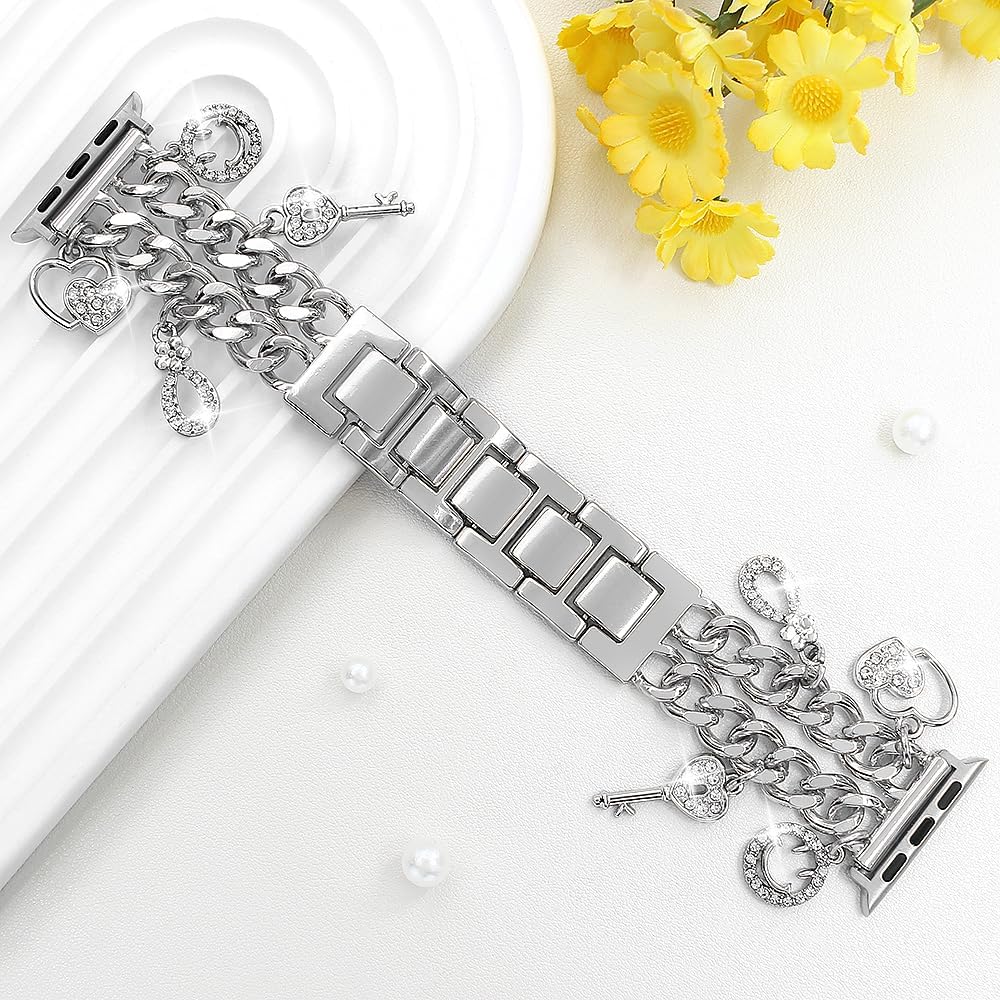 Metal Band Women Compatible with Apple Watch Bands 42 44 45 46 49mm 38 40 41mm,Stylish Cuban Chain Wristband with Cute Charms Pendants for iWatch Series 11 10 9 8 7 6 5 4 SE/Ultra 3 2 1 - Image 3
