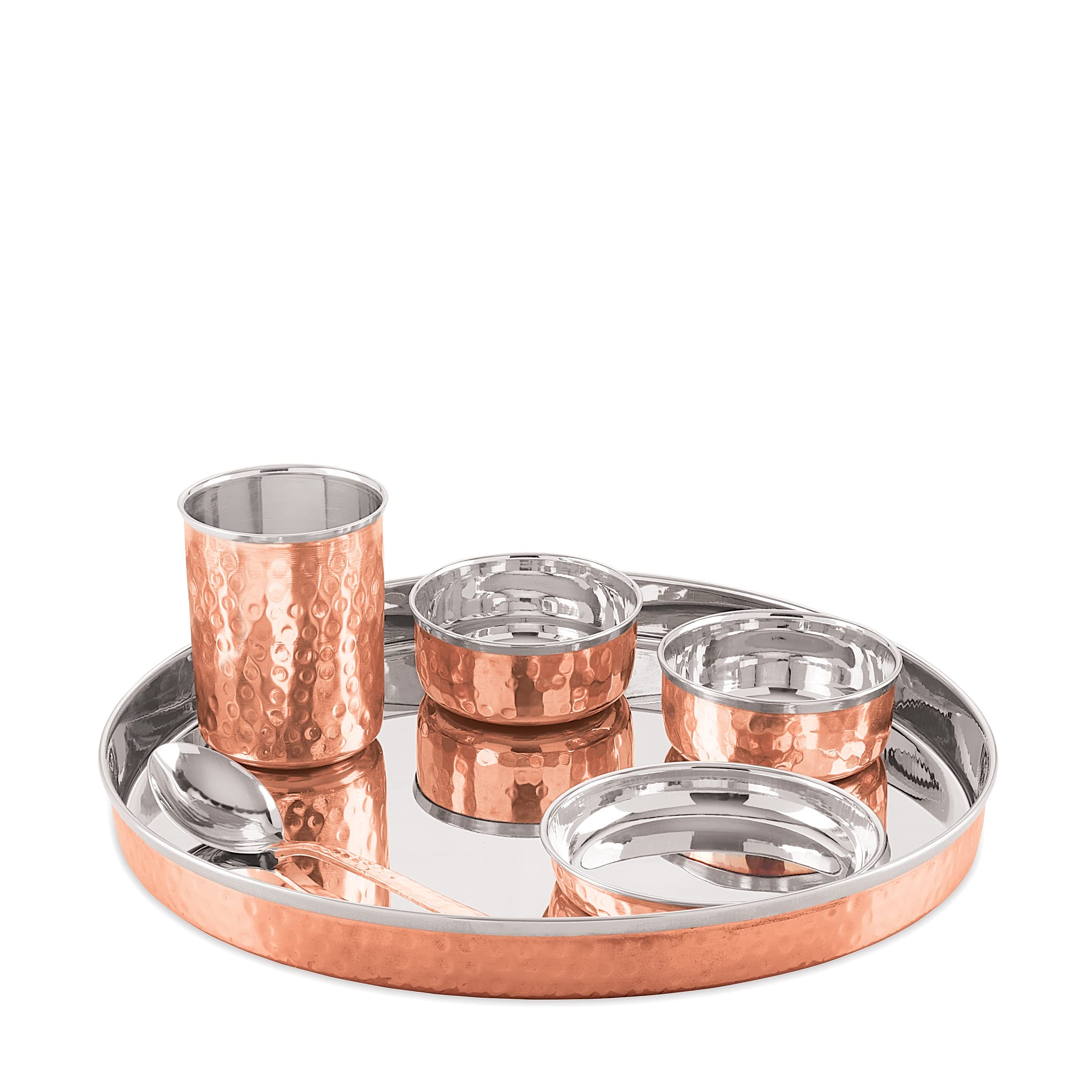 Attro Royal Stainless Steel Copper (Costeel) Traditional Hammered Finish Bhojan Set/Thali Set, 6 Pieces (ATTRO_ROYALCOSTL_BHJ_Set)