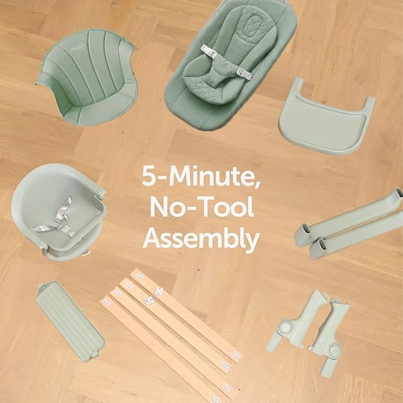Mash High Chair Bundle by Baby Elegance | Includes Newborn Seat (0-6 Months), Toddler Seat (6+ Months) & Sage Cushion | Foldable & Adjustable Sage High Chair for Babies & Toddlers