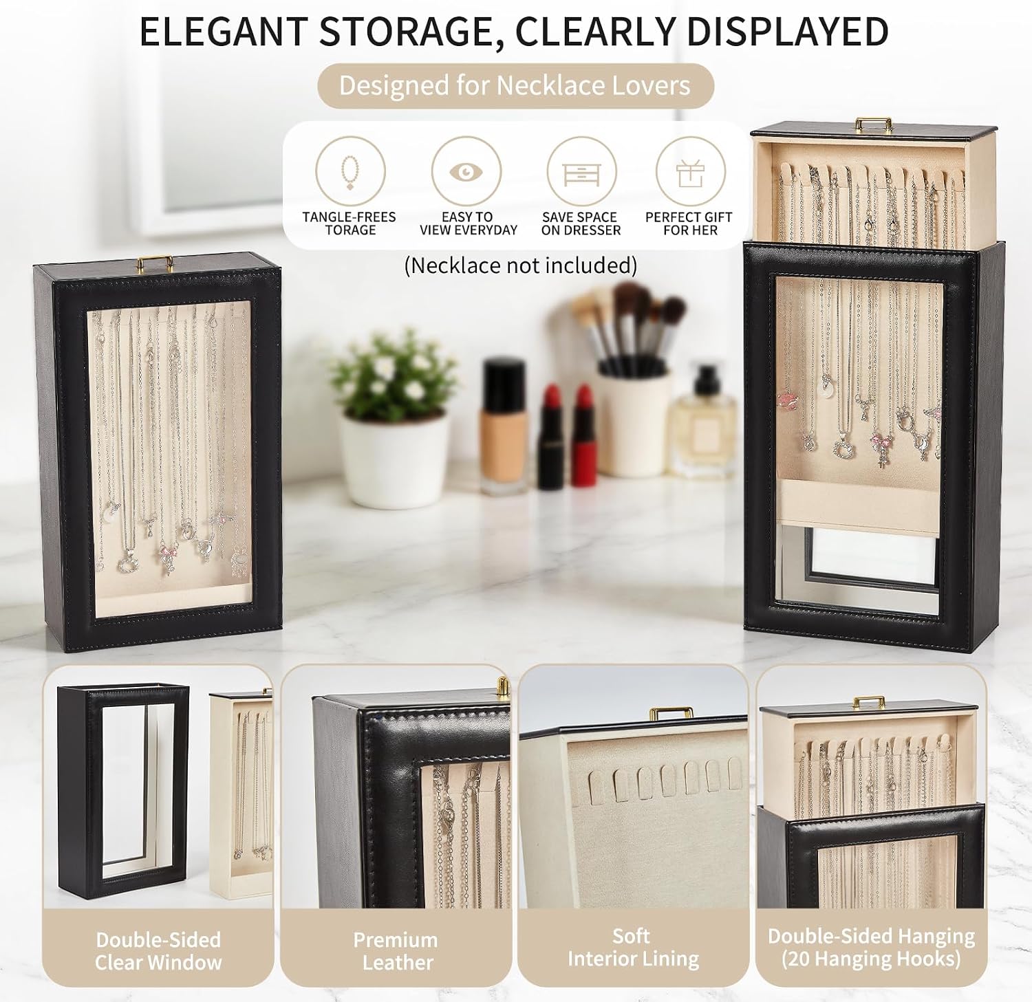 Necklace Organizer Box, Black Leather, 20 Hooks, 12 Inch