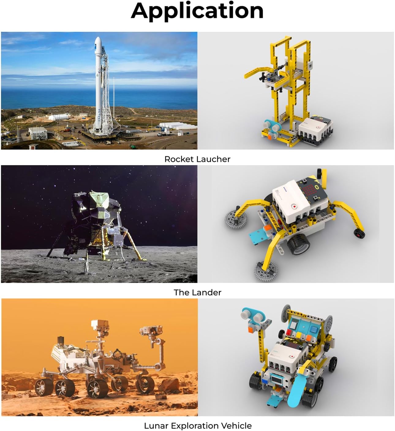 Examples of space-themed projects: a rocket launcher, a lunar lander, and a lunar exploration vehicle built with the kit