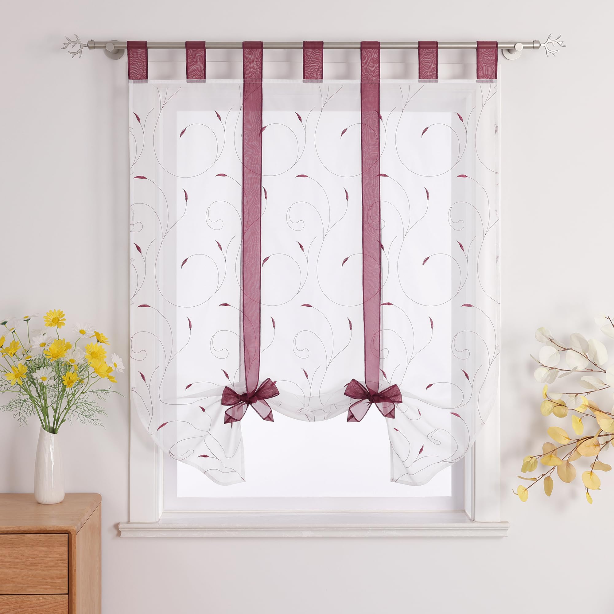 Yujiao Mao Raffrollo Voile Küche Gardine Mit Stickerei Bindegardine Mit Schlaufen Modern Raffgardine Wohnzimmer Weiß Beere BxH 120x140cm 1 Stück