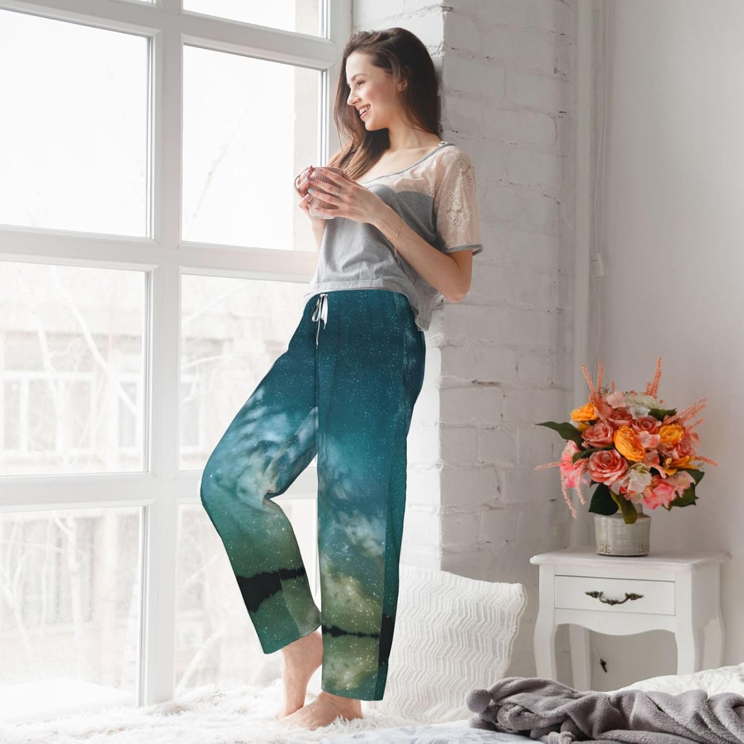 Starry Night Sky Deep Outer Space Print Cozy Christmas Pajama Pants,Flannel Pajama Bottoms,Cater To Various Body Types