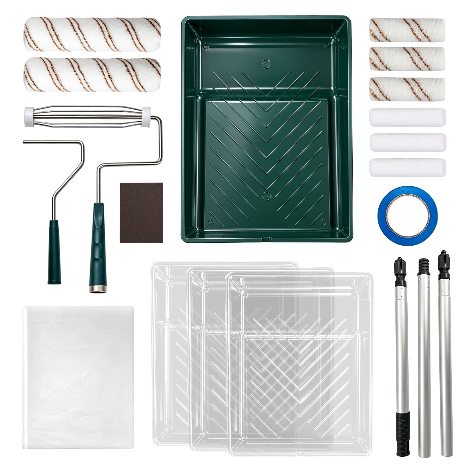 Mister Rui - 18-teiliges professionelles Malwerkzeug-Set: 22,9 cm & 10,2 cm Farbroller- und Tablett-Set, Verlängerungsstange, Staubblatt, Schleifblock, Tablett Liner & Klebeband – komplettes