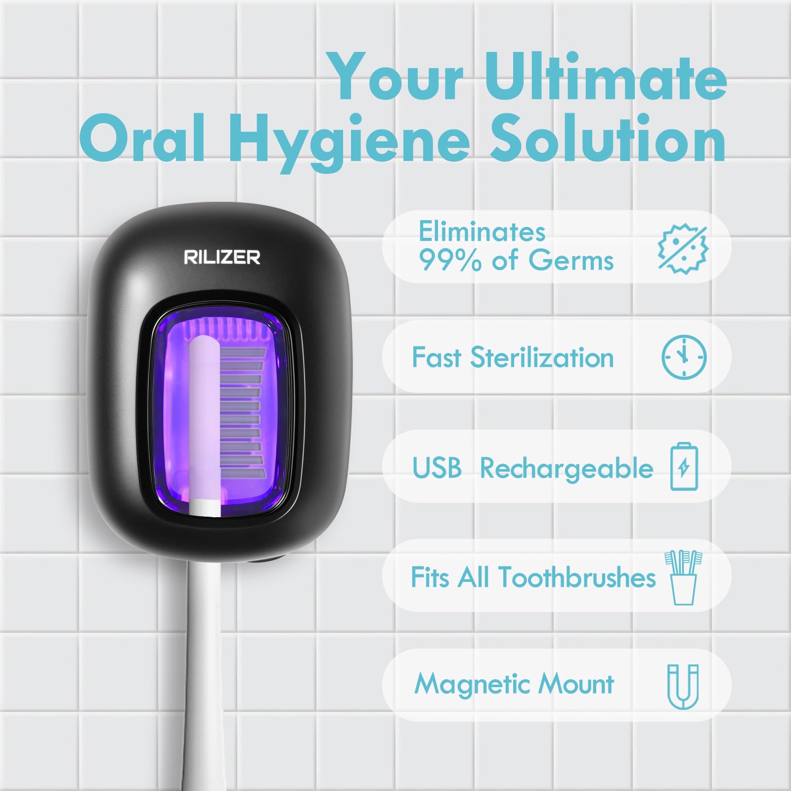 Funda desinfectante para cepillo de dientes UV, tapa de viaje recargable con soporte magnético para pared, limpiador portátil para cepillos de dientes de cualquier tamaño