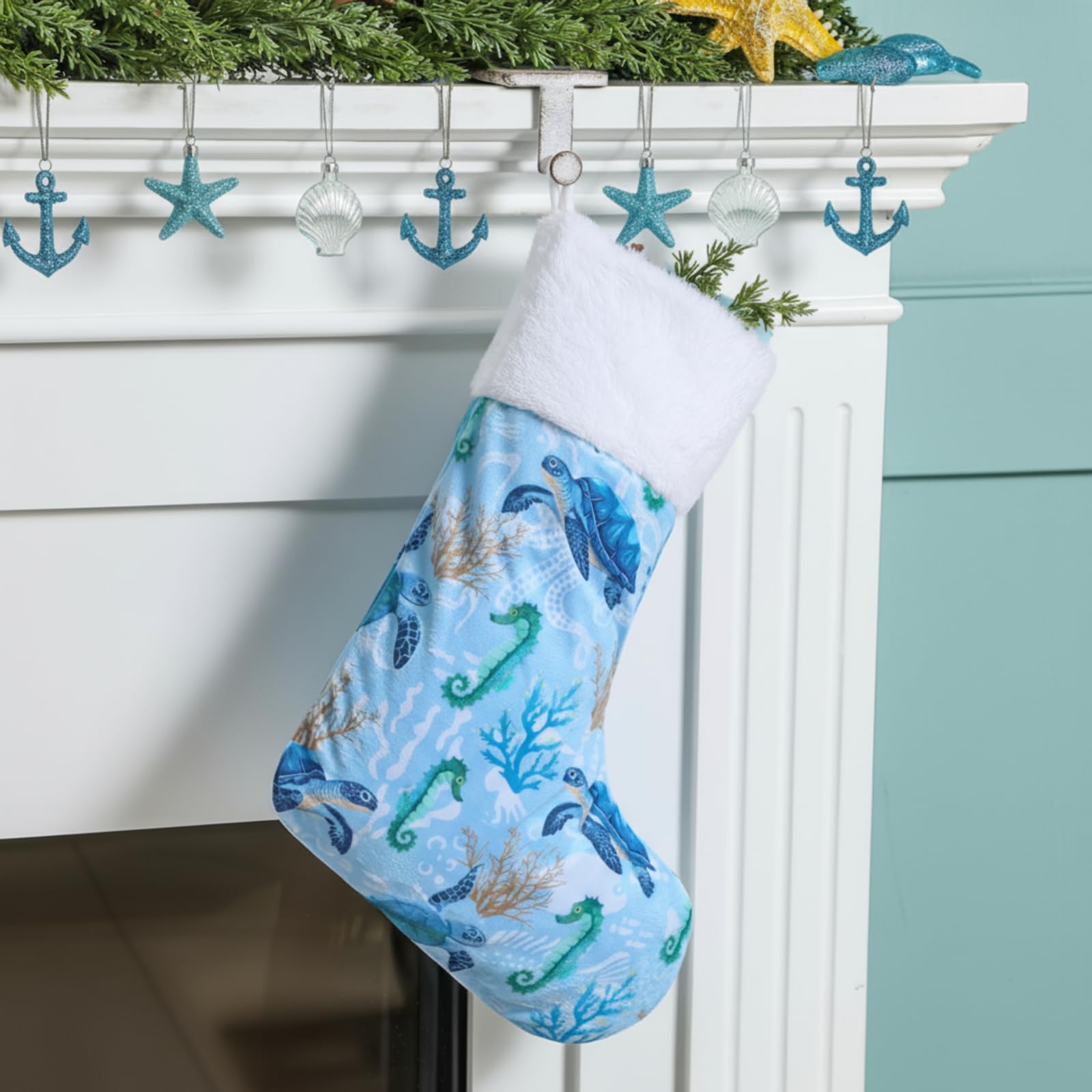 LaRandom 18 in Large Coastal Christmas Stocking Teal Beach Plush Christmas Stocking with Real Starfish Sea Turtle Ocean Nautical Xmas Hanging Decor Gifts for Hawaiian Party Holiday Xmas Tree Fireplace