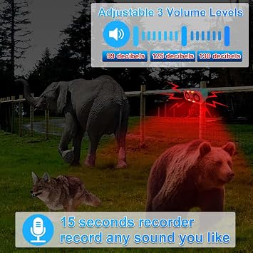 Solar Sound & Strobe Light Alarm Motion Sensor Siren, 13 Sounds & Recording, Dual Speaker 130dB Dog Barking Loud Noise Maker, Security Alert System for Home Farm Barn Villa Orchard (1 Pack)