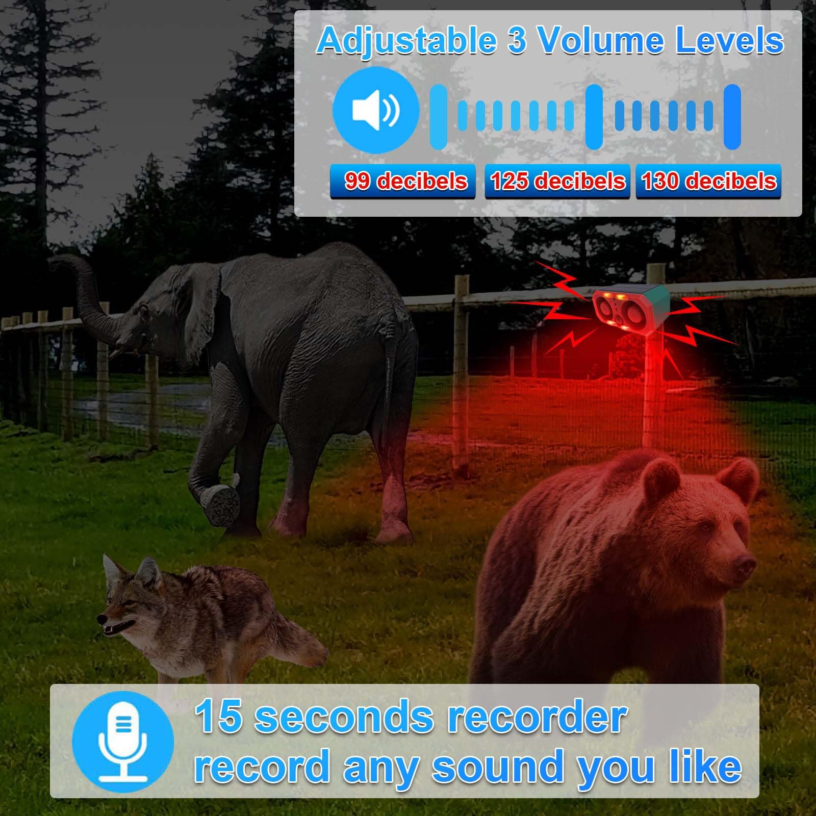 Solar-Sound- und Stroboskop-Lichtalarm, Bewegungsmelder, Sirene, 13 Töne und Aufnahme, Dual-Lautsprecher, 130 dB, Hundebellen, lauter Geräuschmacher, Sicherheitswarnsystem für Zuhause,