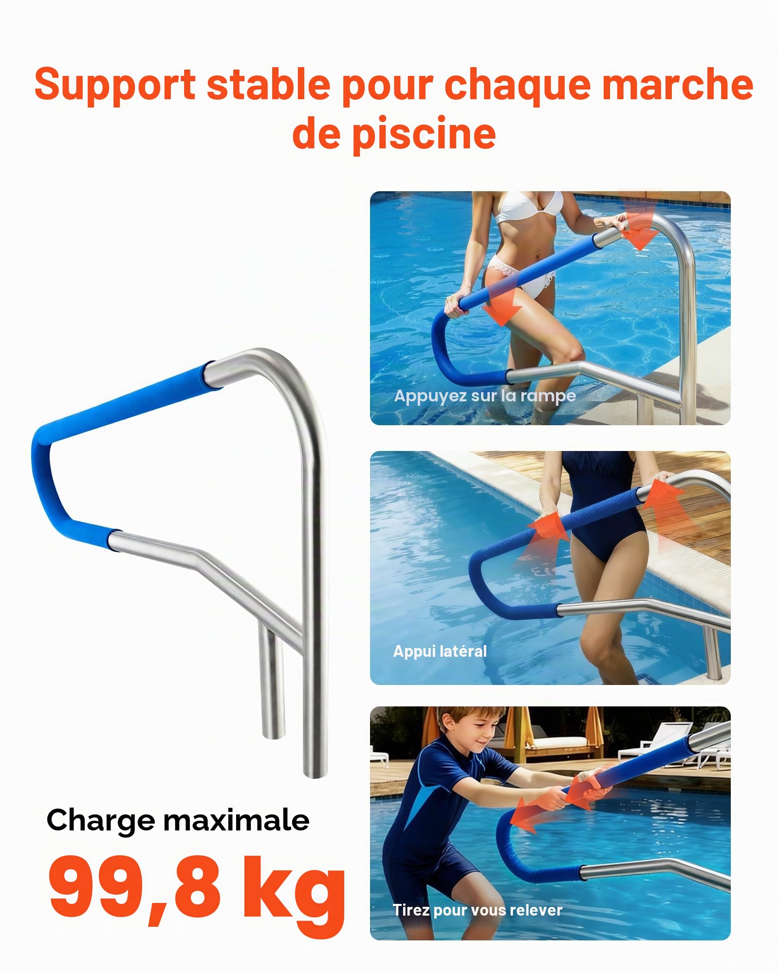 VEVOR Rampe Piscine 137x81 cm Main Courante Piscine Acier Inox 304 Charge 100 kg Barre de Sécurité pour Bords de Piscines, Parcs Aquatiques, Centres Spa, avec Housse Antidérapante, Montage Encastré