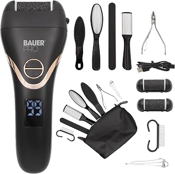 Bauer Professional 38729 Electric Foot File Hard Skin Remover with Accessories/Rechargeable Callus Pedicure Kit/Waterproof Travel Set