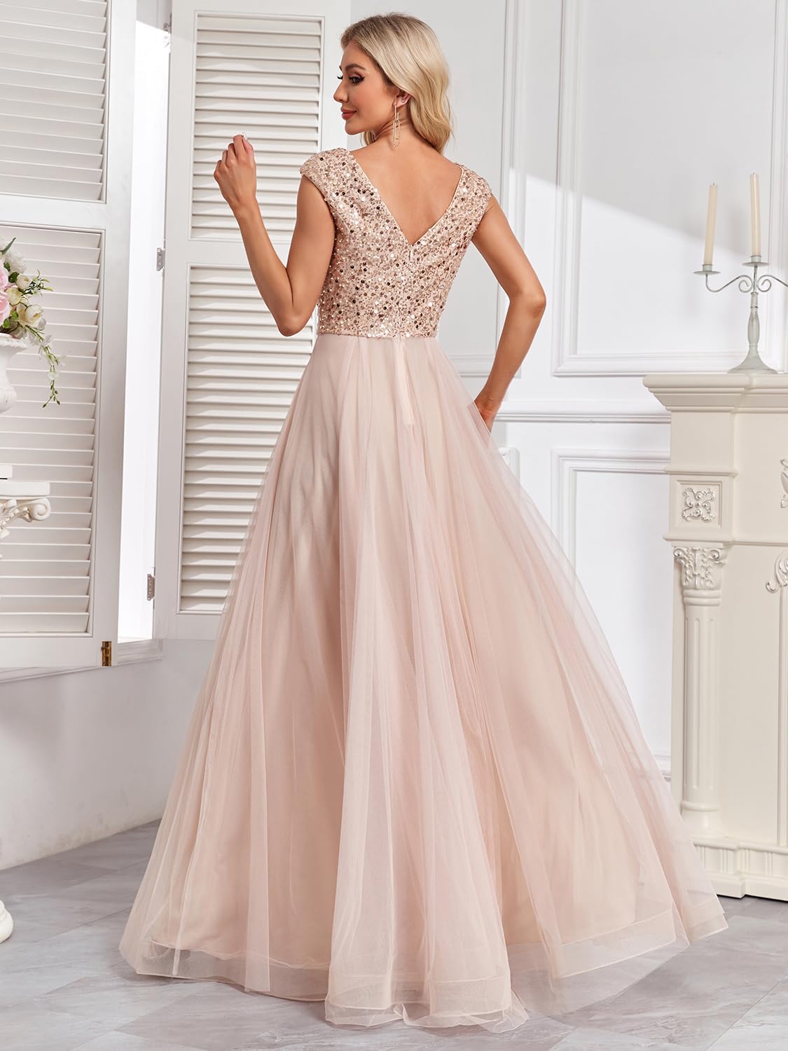 Womens Sequined Sleeveless A-line Prom Dress with V-Neck and Back Zipper for Evening Prom Party Homecoming Occasions