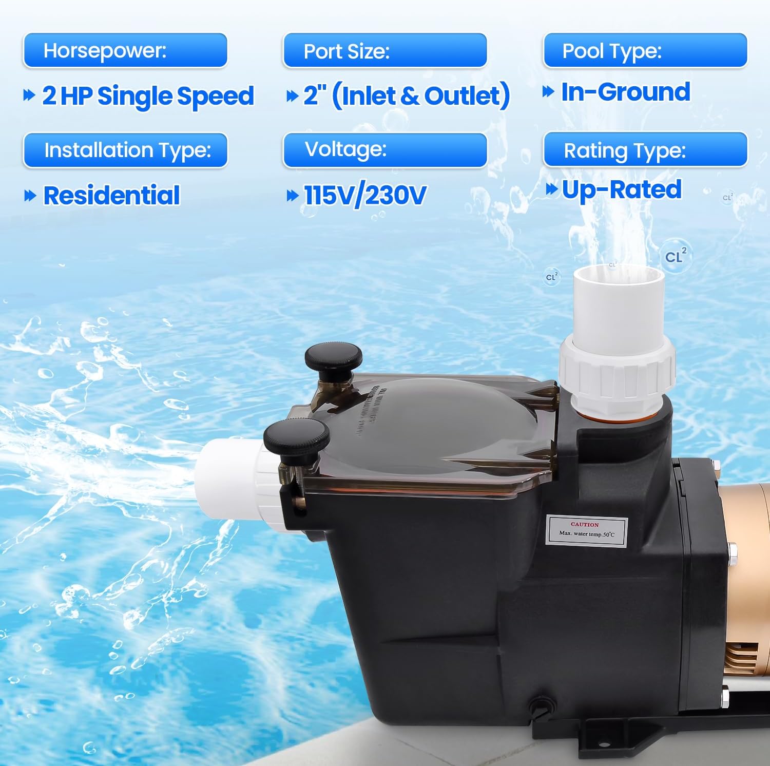 W3SP2615X20 2 HP In-Ground Pool Pump Single Speed High Flow 2" Inlet with Dual Voltage 115/230V 1-Speed 2HP Swimming Pool Super Pump with Filter Basket Fitting Adapter Replace# SP2615X20