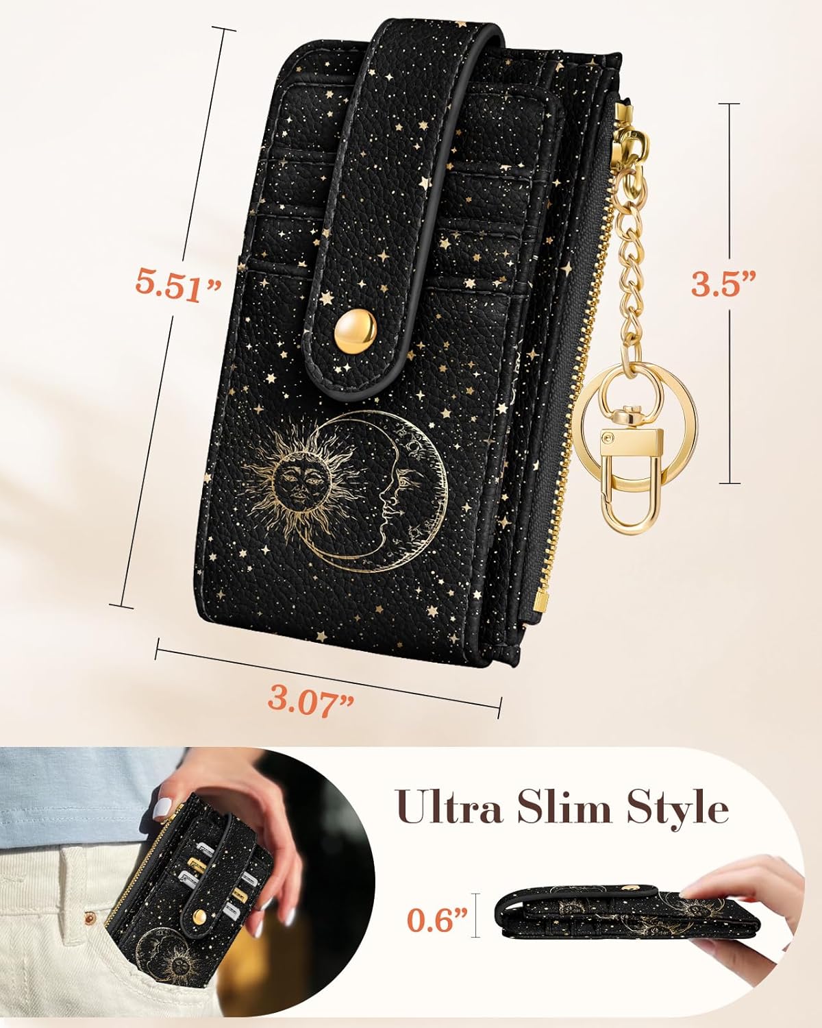 Cute Card Wallet Women with AirTag Holder - Sun Moon Genuine Leather Small Wallets with Keychain RFID Credit Cardholder Air Tag Aesthetic Coin Purse for Female Ladies Teen Girls - Image 3