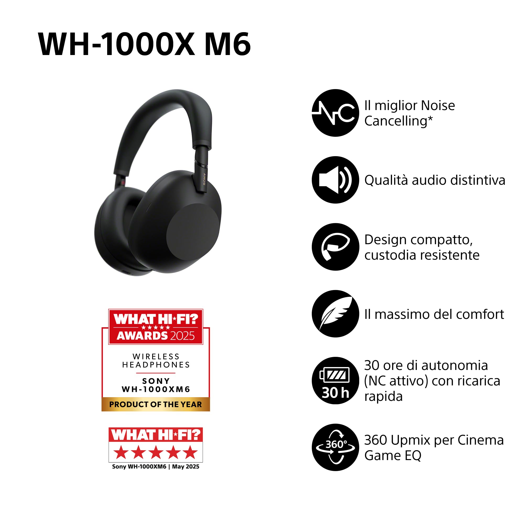 Sony WH-1000XM6 Cuffie wireless Premium con cancellazione del rumore, audio Hi-Res, massimo comfort, design pieghevole, custodia resistente, batteria da 30 ore NC On, iOS e Android - Black