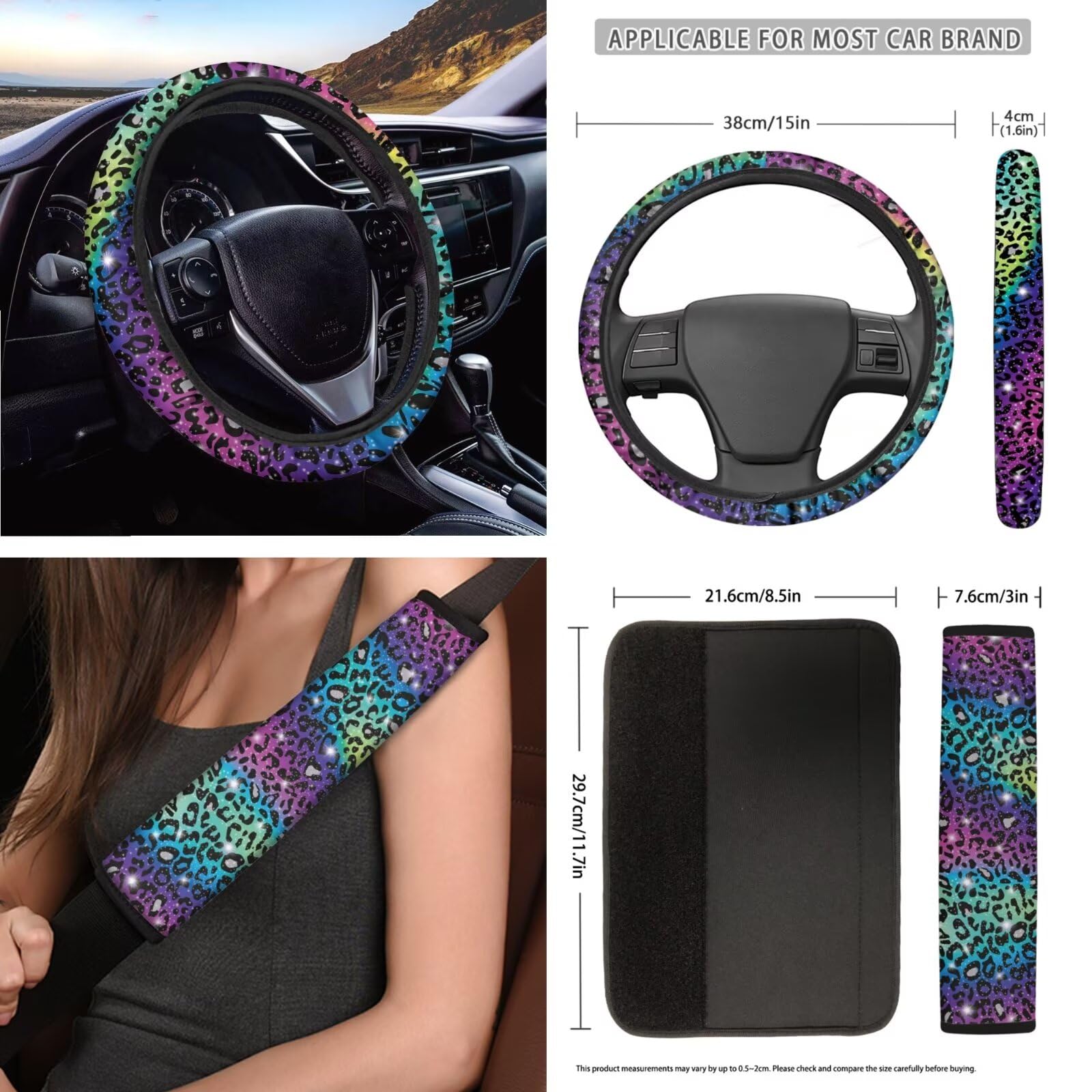 JOAIFO 15 Inch Steering Wheel Cover Set, 3Pcs Leopard Print Car Steering Wheel Protector and 2 Pack Seat Belt Pads Non-Slip Car Interior Decorations