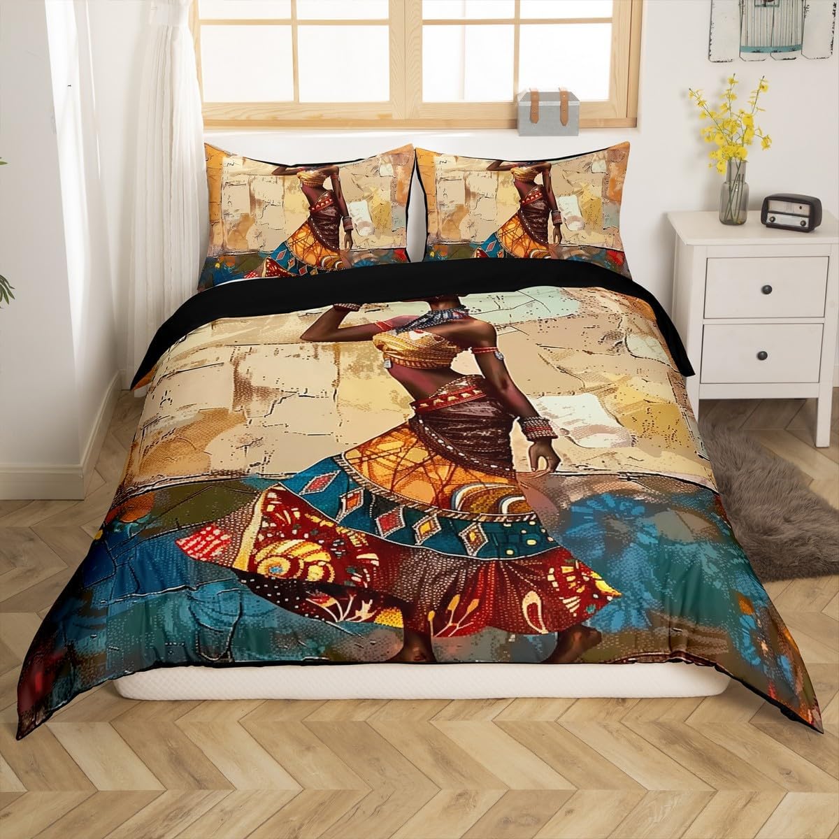 African Woman Bedding Set Queen Size,Retro Graffiti Art Duvet Cover 3Pcs for Kids Girls Boys Adult Room Decor,Traditional Africa Comforter Cover American Style Quilt Cover,2 Pillowcases