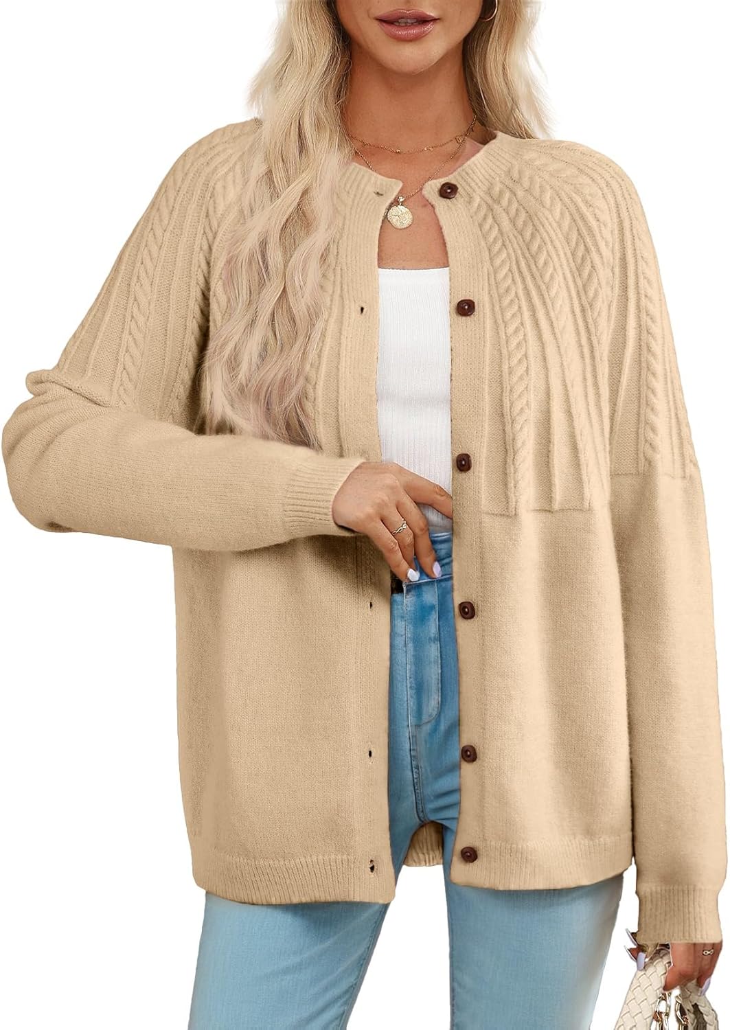 Dokotoo Cardigan Sweaters for Women 2025 Fall Outfits Long Sleeve Crochet Knit Sweaters Light French Beige Large