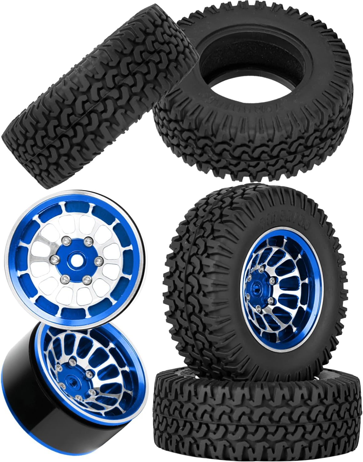 1.55 Inch Aluminum Alloy Beadlock Wheel and Tires for Tamiya AX90069 D90 TF2 CC01 CC02 1/10 RC Crawler Car,1.55 Beadlock Tires RC Rims,Soft Rubber All Terrain Tyre Metal Rims,Navy Blue
