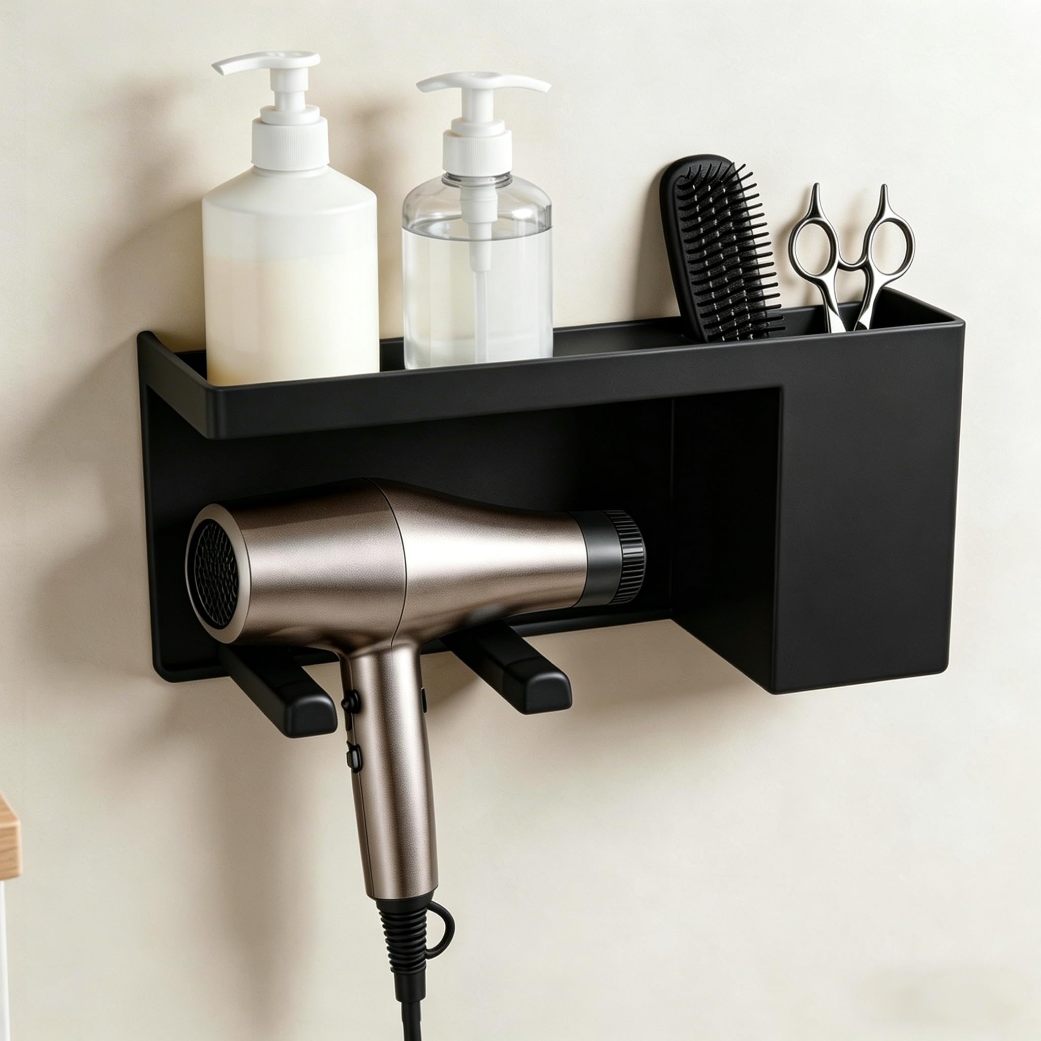 Winsegom No Drilling Hair Dryer Holder, Wall Mounted Hairdryer Organizer with Storage Shelf, Adhesive Blow Dryer Rack, Bathroom Hair Styling Care Tools Organizer for Bathroom, Dressing Room (Black)