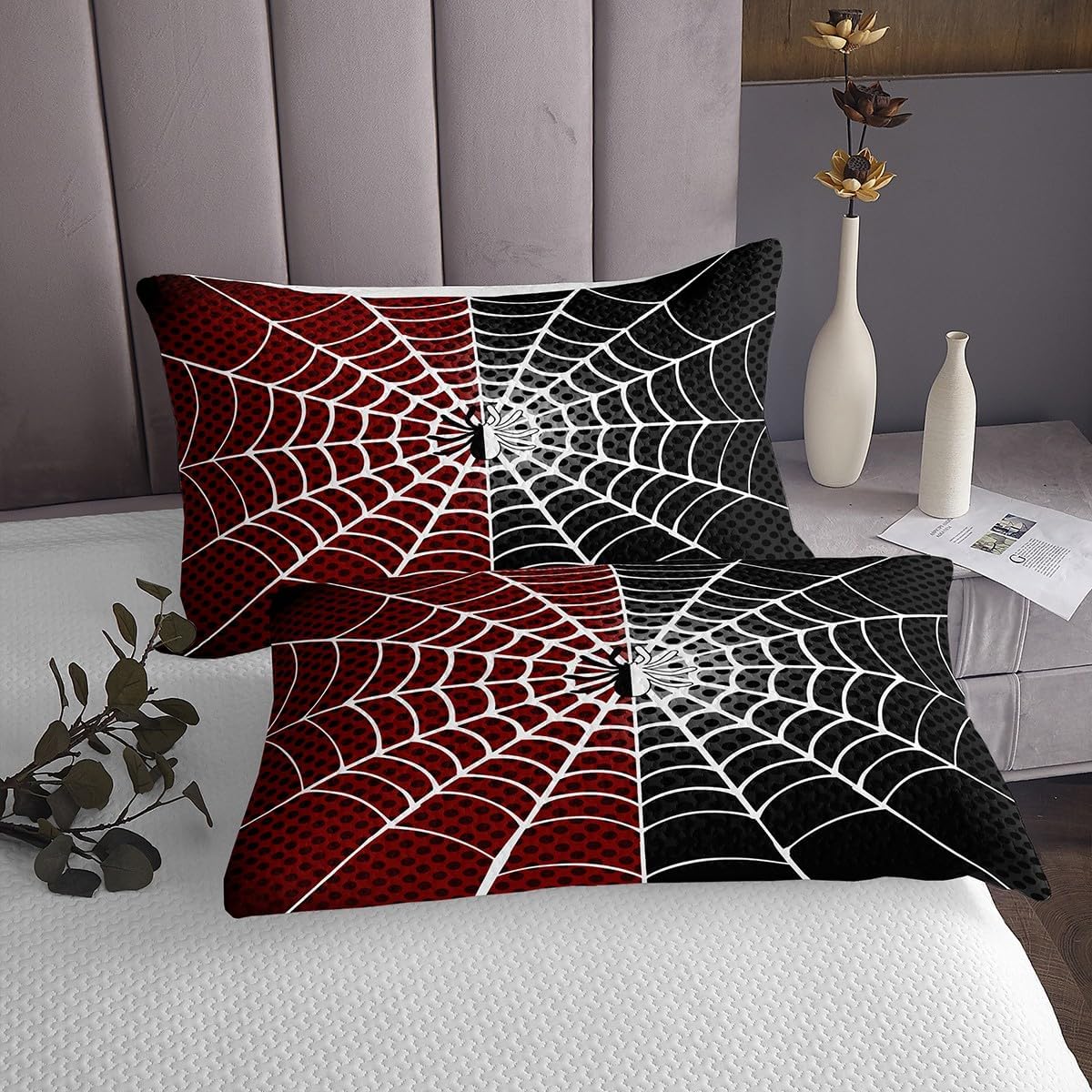 Manfei Spider Kids Bedspread Queen Size, White Spider Web Black Dots Coverlet Set for Boys Teens Adults Bedroom Decor, Red and Black Quilted Coverlet with 2 Pillowcases, Soft Polyester Bedding Quilt