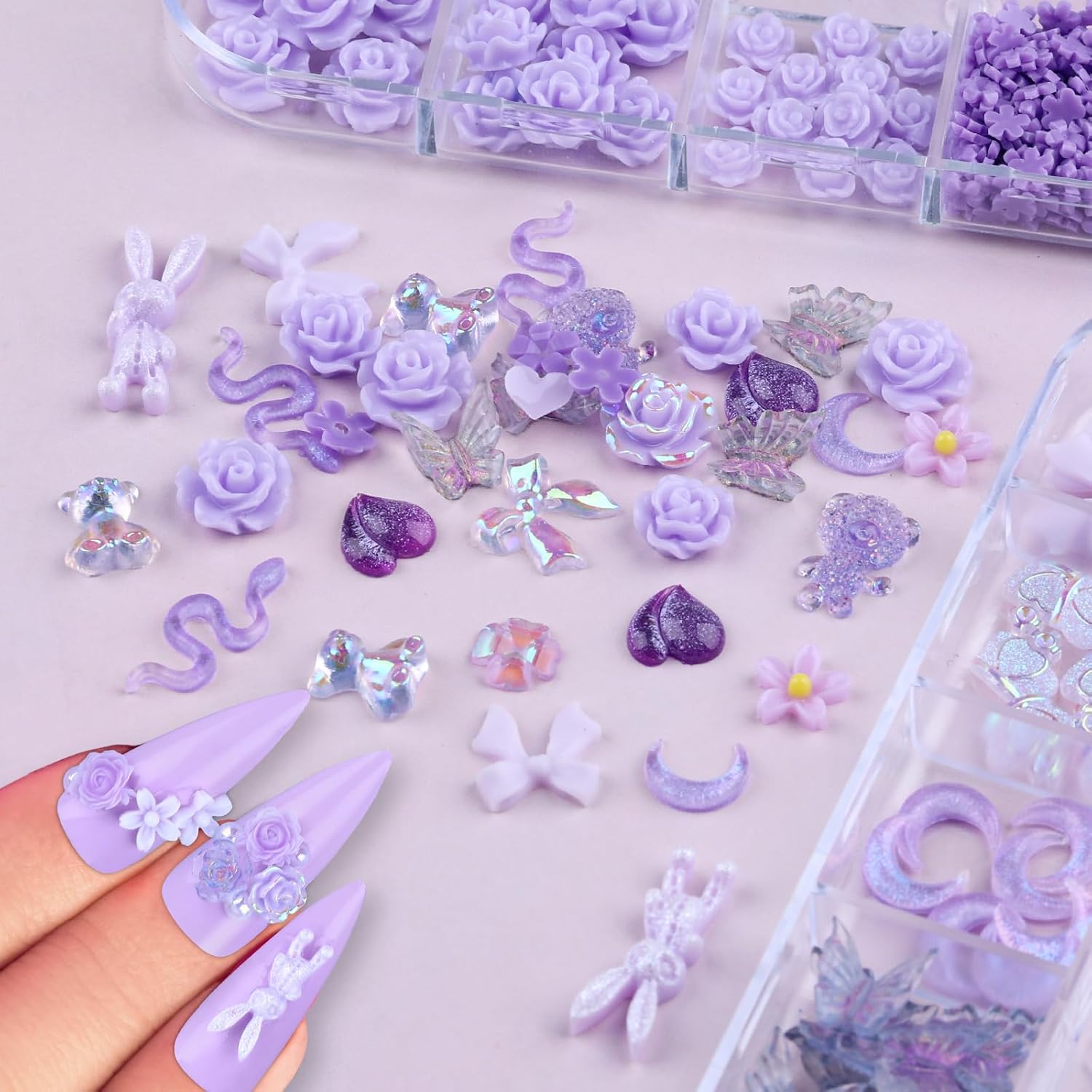 2 Boxes 3D Flower Nail Charms Butterfly Bow Snake Rabbit Bear Shaped Nail Art Rhinestones Gems for DIY Nail Art Decoration Making Craft (Purple)
