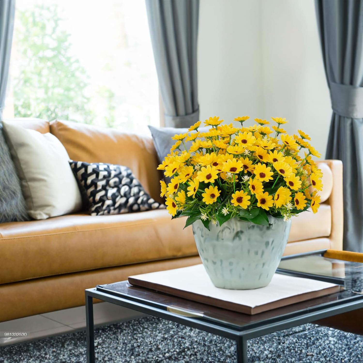 8 Bundles Sunflowers Artificial Flowers Fake Mums Flowers Outdoor UV Resistant No Fade Fall Plants Faux Silk Daisy Indoor Home Wedding Garden Office DIY Décor(Yellow) - Image 2