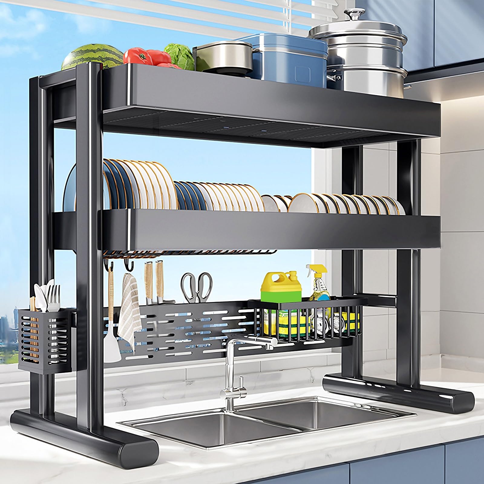2-poziomowy ociekacz nad zlewem, z regulacją wysokości, ze stali węglowej, organizer kuchenny na naczynia, garnki, patelnie, przybory kuchenne i środki czystości (czarny, 63 x 30 x 49 c