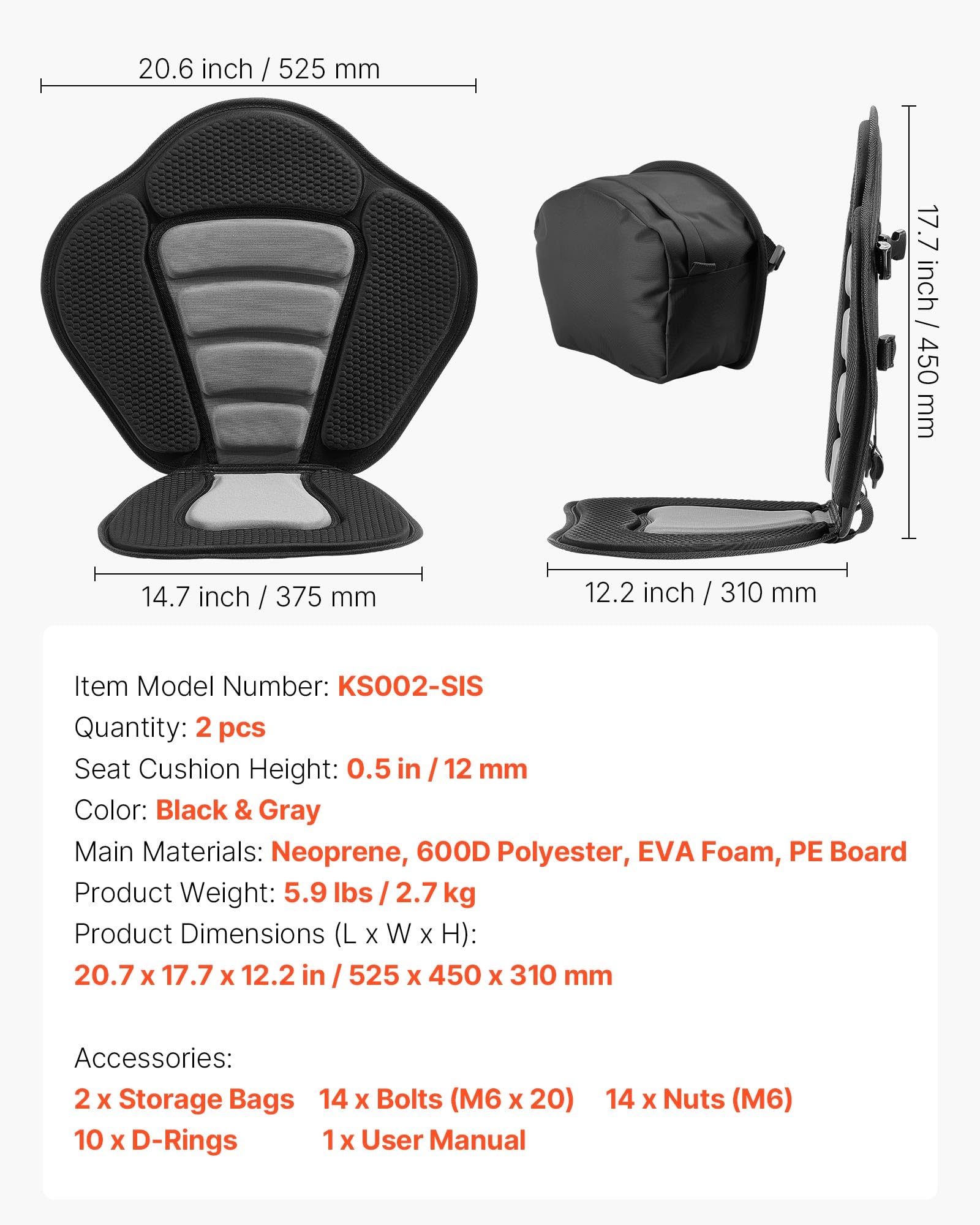 VEVOR Sedile per Kayak di Ricambio con Schienale Spessore Cuscino 12 mm, Sedile per Kayak Paddleboard Barche con Schienale Borsa Portaoggetti per SUP Canoa attività Sportive Acquatiche, 2 Pezzi