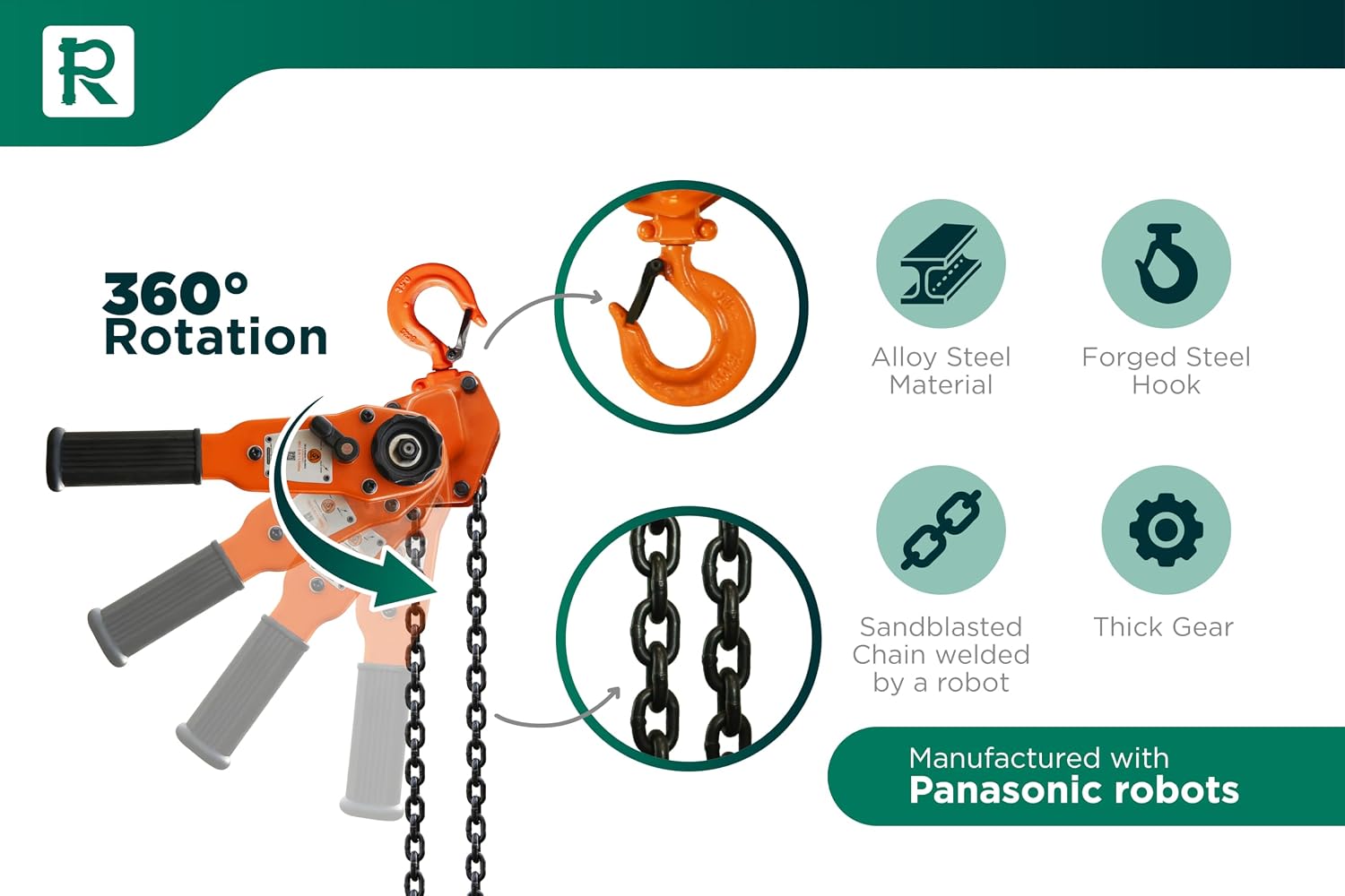 GORILA Manual Lever Hoist 360° | Manual Ratchet Chain Puller Hoist | 1100LBS - 5FT (0,5 Ton - 1,5m) | Safety Factor 4:1 | Since 1989