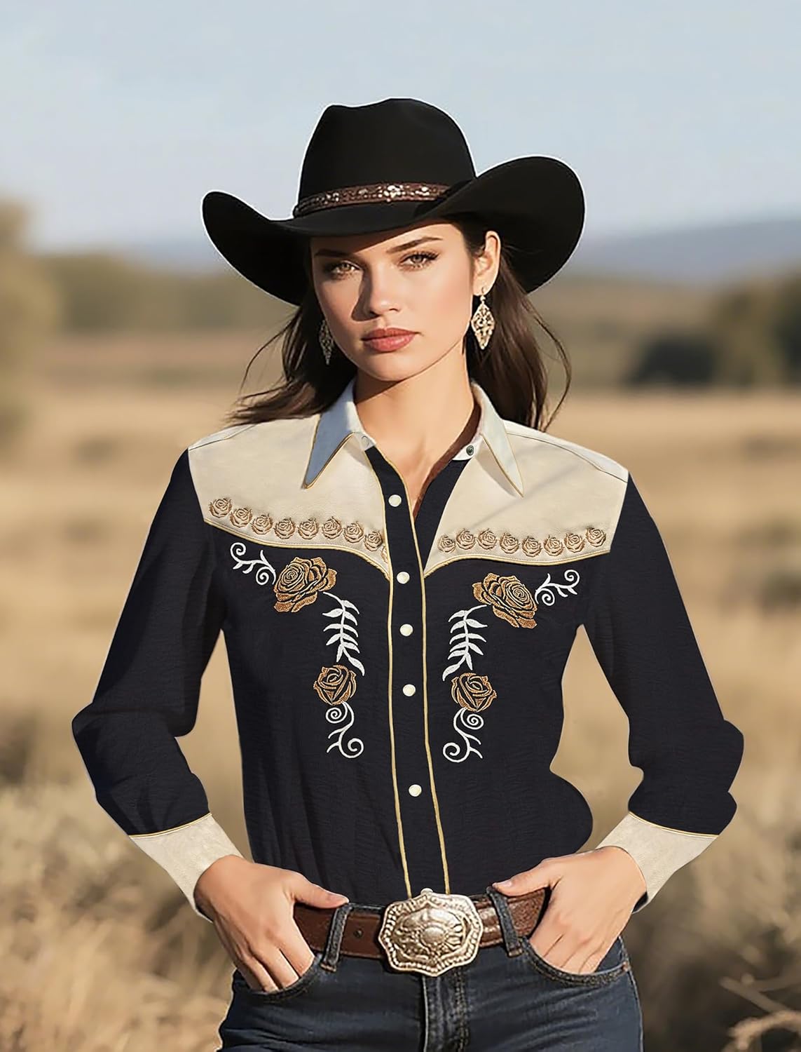 Women's Embroidered Western Cowgirl Snap Button Down Shirt with Stretch Long Sleeve Loose Blouse - Image 2